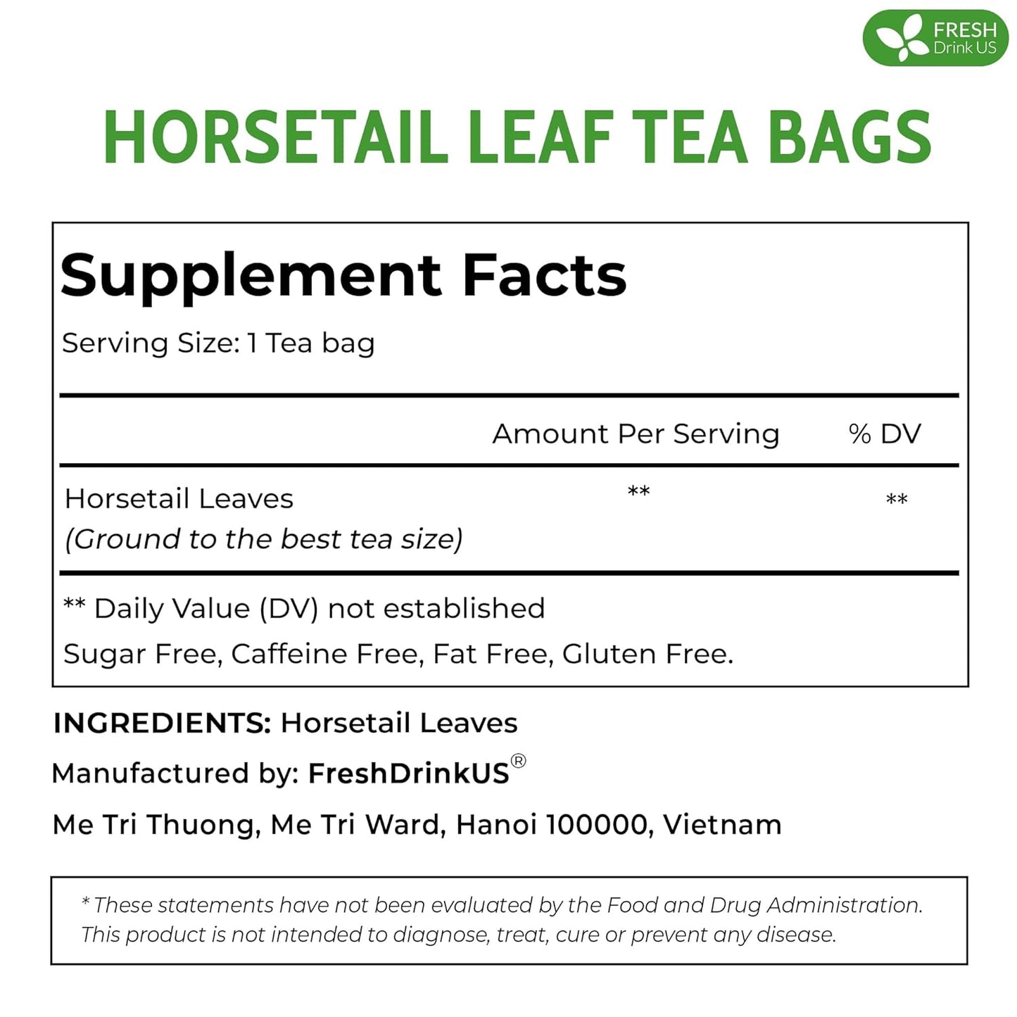 FreshDrinkUS, Premium 55 Horsetail Leaf Tea Bags, 100% Natural & Pure from Horsetail Loose Leaves Herbal Tea. Made with Natural Material Tea Bags. No Sugar, No Caffeine, No Gluten, Vegan.