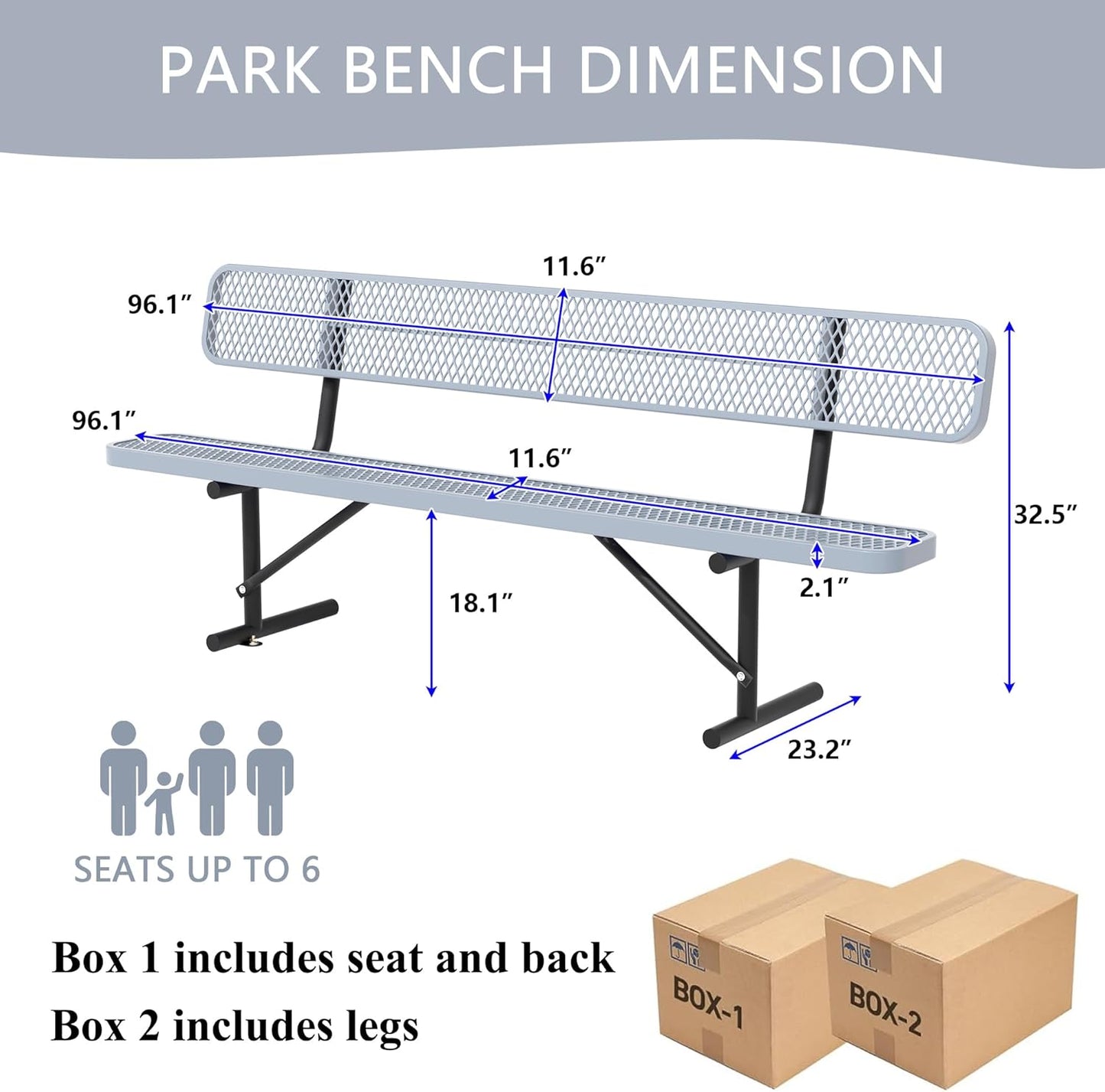 8 Feet Heavy Duty Metal Park Bench for Outside, Outdoor Bench with Backrest & Portable Frame, Commercial Benches for Shopping Malls, Stores, Parks, Patios, Decks, Grey