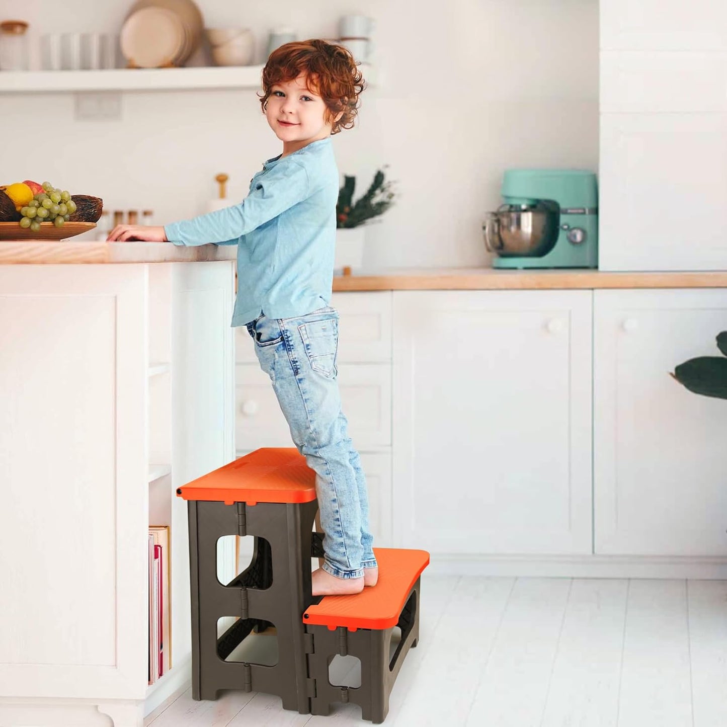 Folding 2-Step Stool, Non-Slip Portable Footstool 8" & 17" Dual Heights, Holds 250 lbs, Portable Footstool for Kitchen Home Toilet Bedroom Office Bathroom RV(Orange)