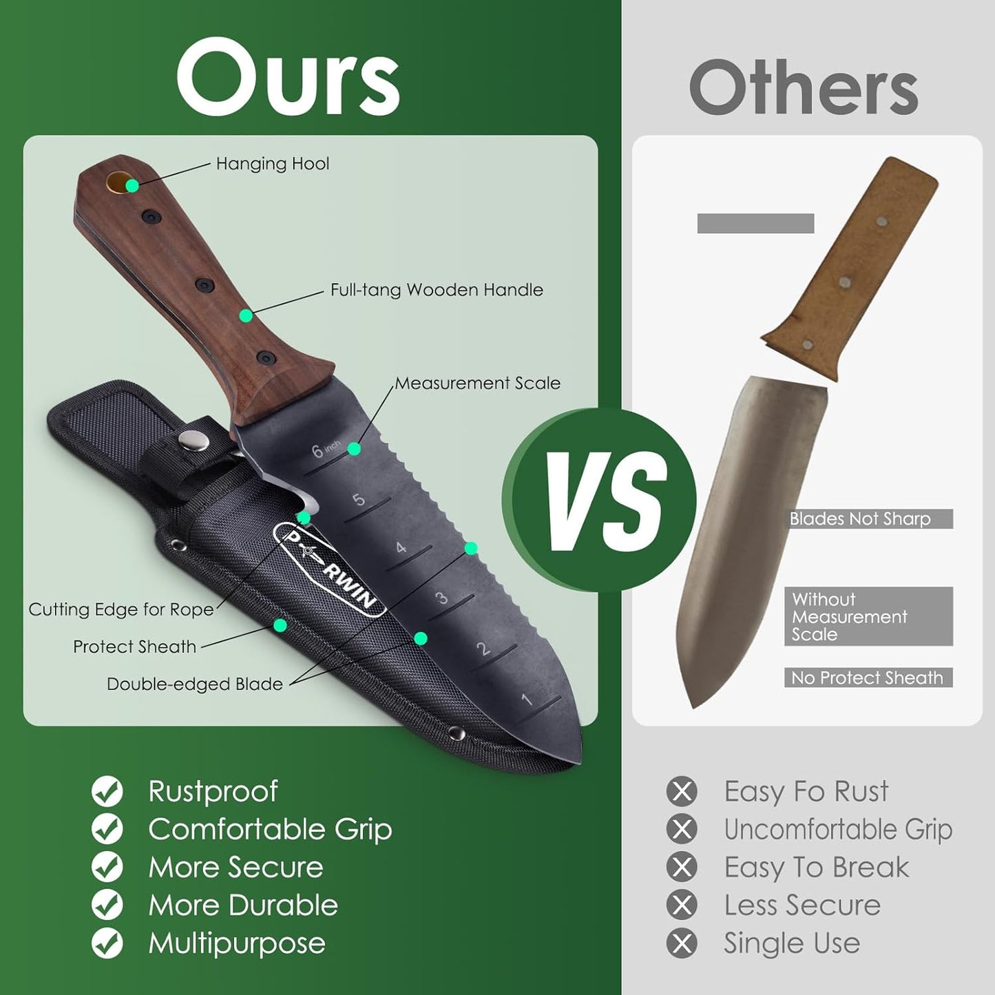 Hori Hori Garden Knife, Garden Tools with Sheath for Weeding,Planting,Digging, 7" Stainless Steel Blade with Cutting Edge, Full-Tang Wood Handle with Hanging Hole