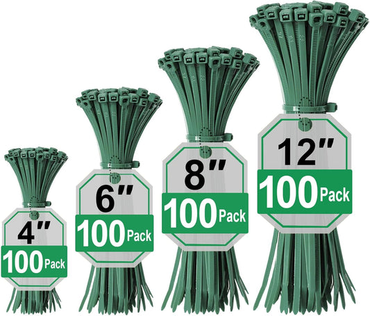 Green Zip Ties Assorted Sizes (4"+6"+8"+12"), 400 Pack, Cable Ties UV Resistant for Garden, Plants, Fence, Holiday Lights, Yakobela
