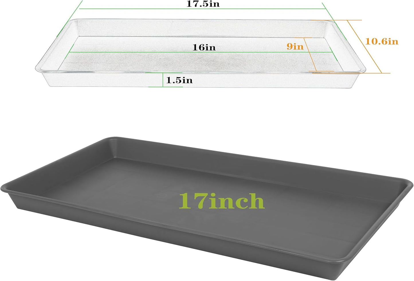 2 Pack Plant Saucer Tray Rectangular, Plant Growing Nursery Trays, Heavy Sturdy Seed Starting Trays, Plant Starter Trays for Indoors No Holes, Seed Starter Growing Tray (17.5"x10.6", Gray)
