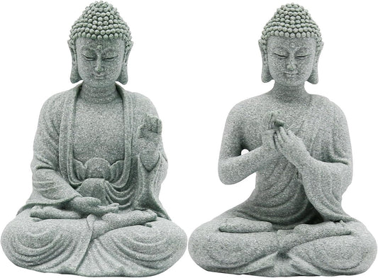 VIKKSAER 2Pcs Micro Buddha Statue Decorations for Asian Garden Underwater Landscaping Home Zen Decor, Small Meditating Sandstone Buddha Statues, Micro Landscape Ornament