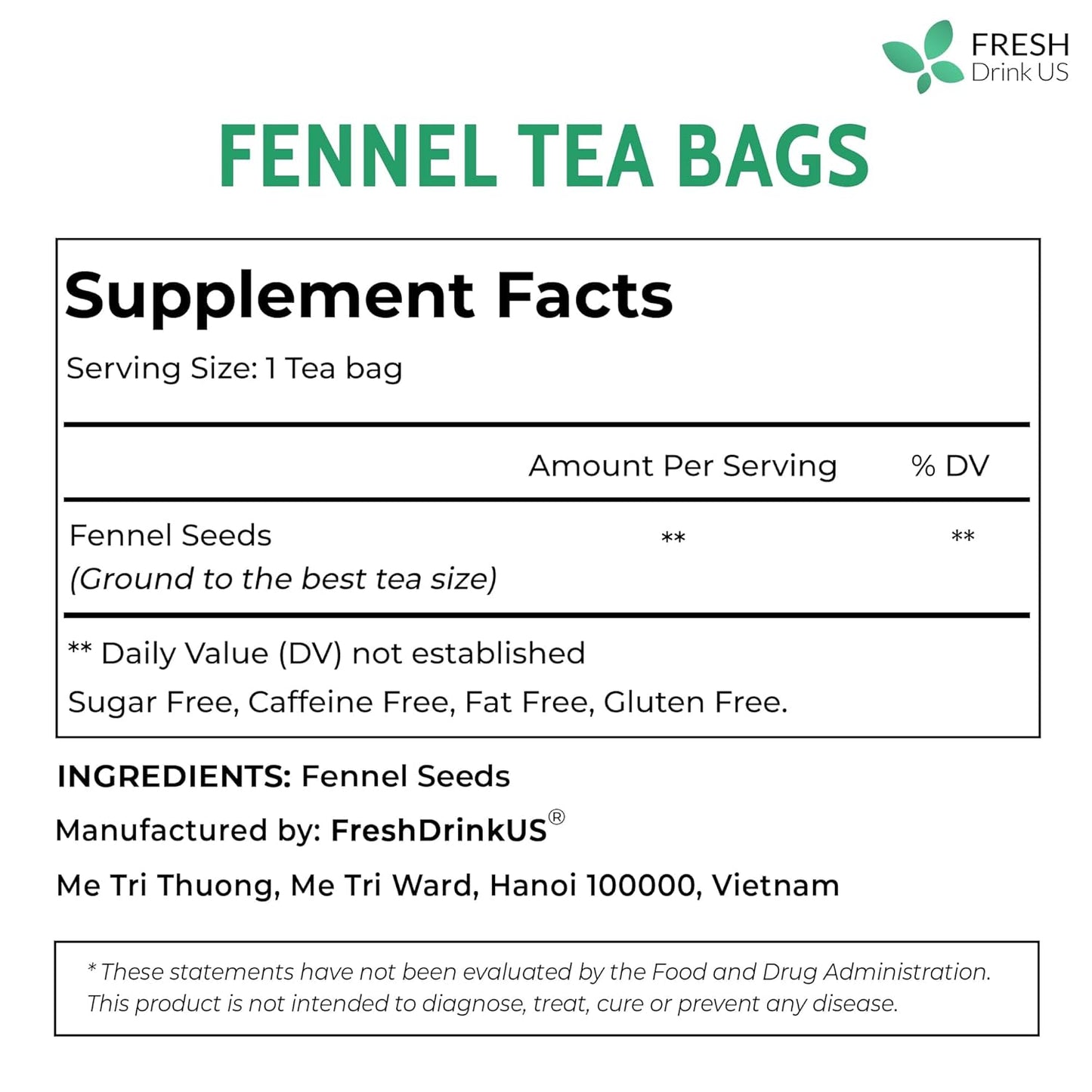 FreshDrinkUS, Premium 75 Fennel Seed Tea Bags – 100% Natural & Pure, Handmade Herbal Tea, Eco-Friendly, Fresh Aroma, Made with Natural Material Tea Bags. No Sugar, No Caffeine, No Gluten, Vegan.