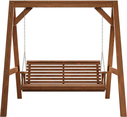 Amish Casual 6 Foot Roll Back Swing with A-Frame Stand in Oak - Freestanding Wood Porch Swing for Patio, Yard or Garden