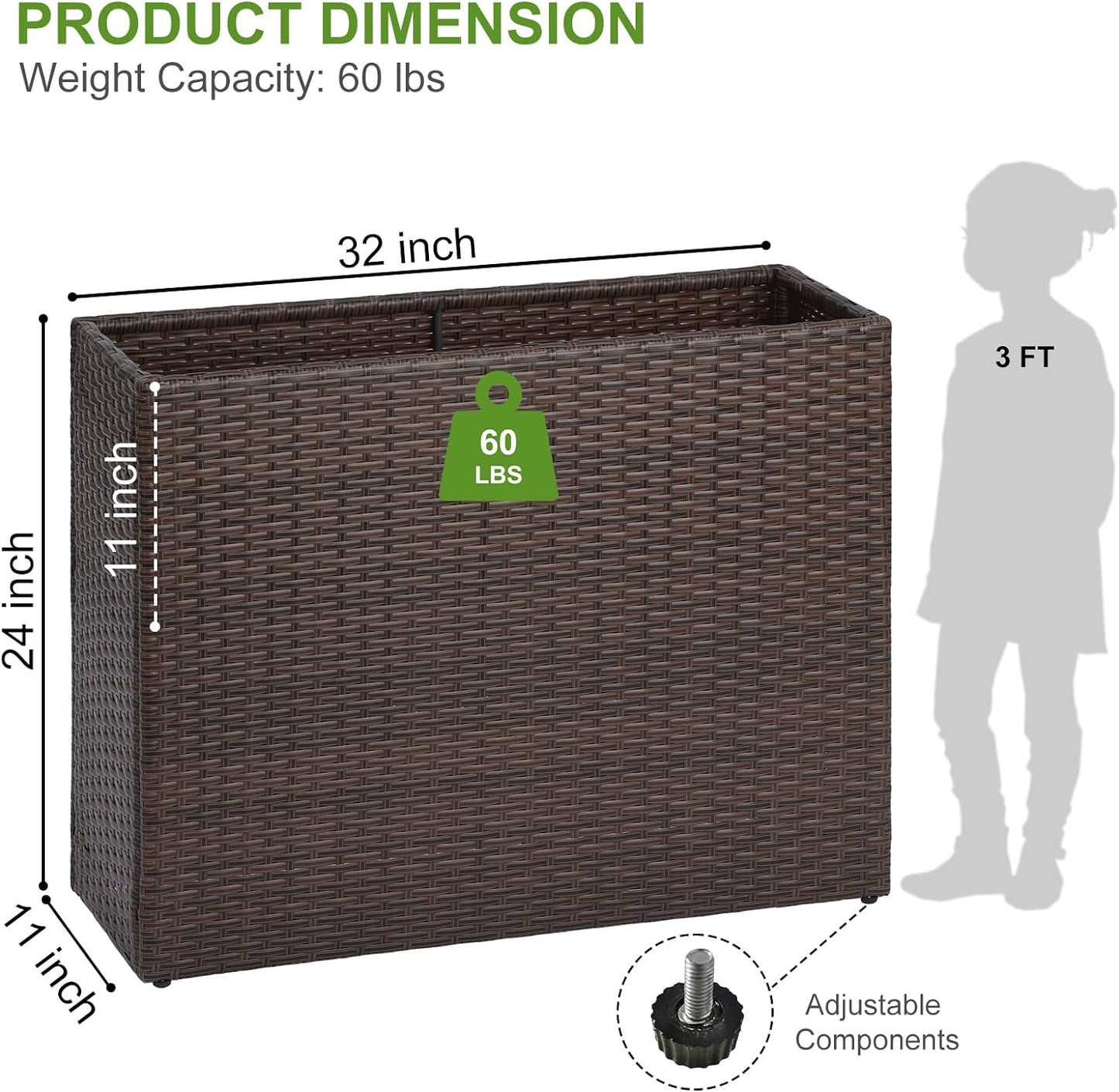 LEWIS&WAYNE Large Rectangular Block Planter Box Handmade Wicker Tall Planters for Outdoor Plants with Removable Liners Modern Planter for Indoor Outdoor Patio Deck - Brown, 32''x11''x24''
