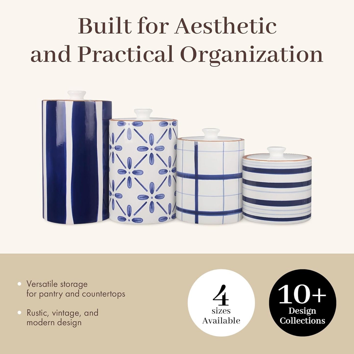 Young's Inc. 4 Pcs Set Cylindrical Ceramic Canisters- Storage Container for Kitchen and Bathroom - Beautiful Home Decor Accent to Store Food, Coffee, Tea, and More - White, Blue