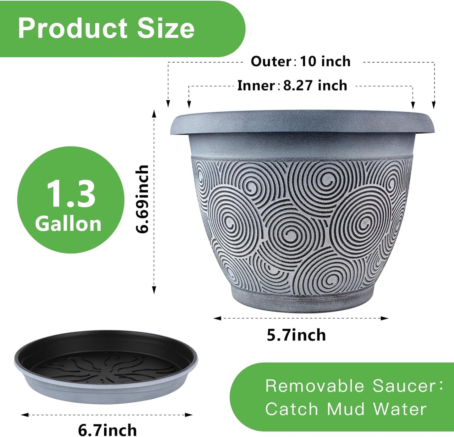 10 Inch Flower Pots Planters for Indoor Outdoor Plants, 3 Pack Plastic Large Plant Pots with Drainage Hole & Tray, Modern Decorative Garden Pot with Saucer, Plant Container for House