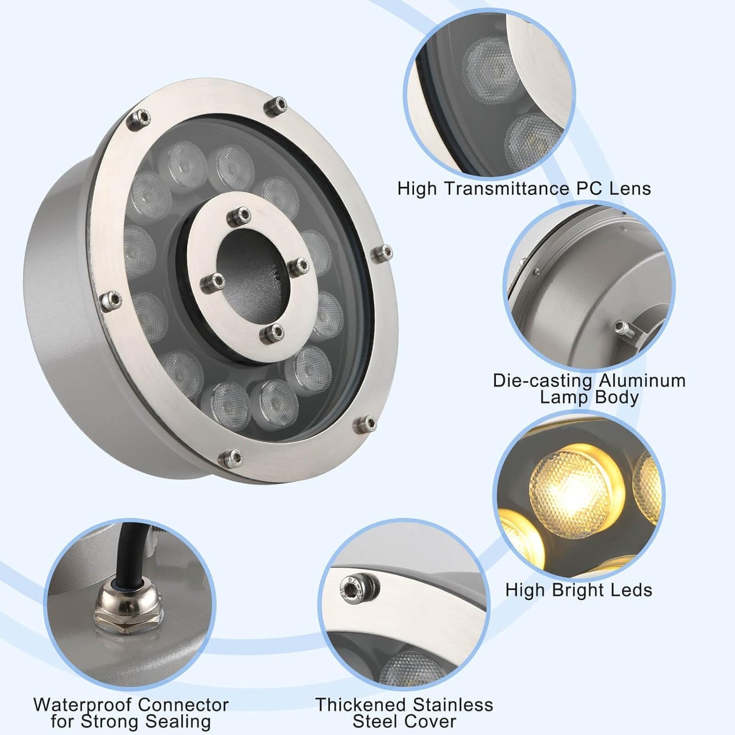 Fountain Light 12W 12V DC Warm White Waterproof Grade IP68 LED Spot Light Landscape Lighting Suitable for Fountains, Waterfalls,Pond and Grass Land（Not Include 12V Transformer）