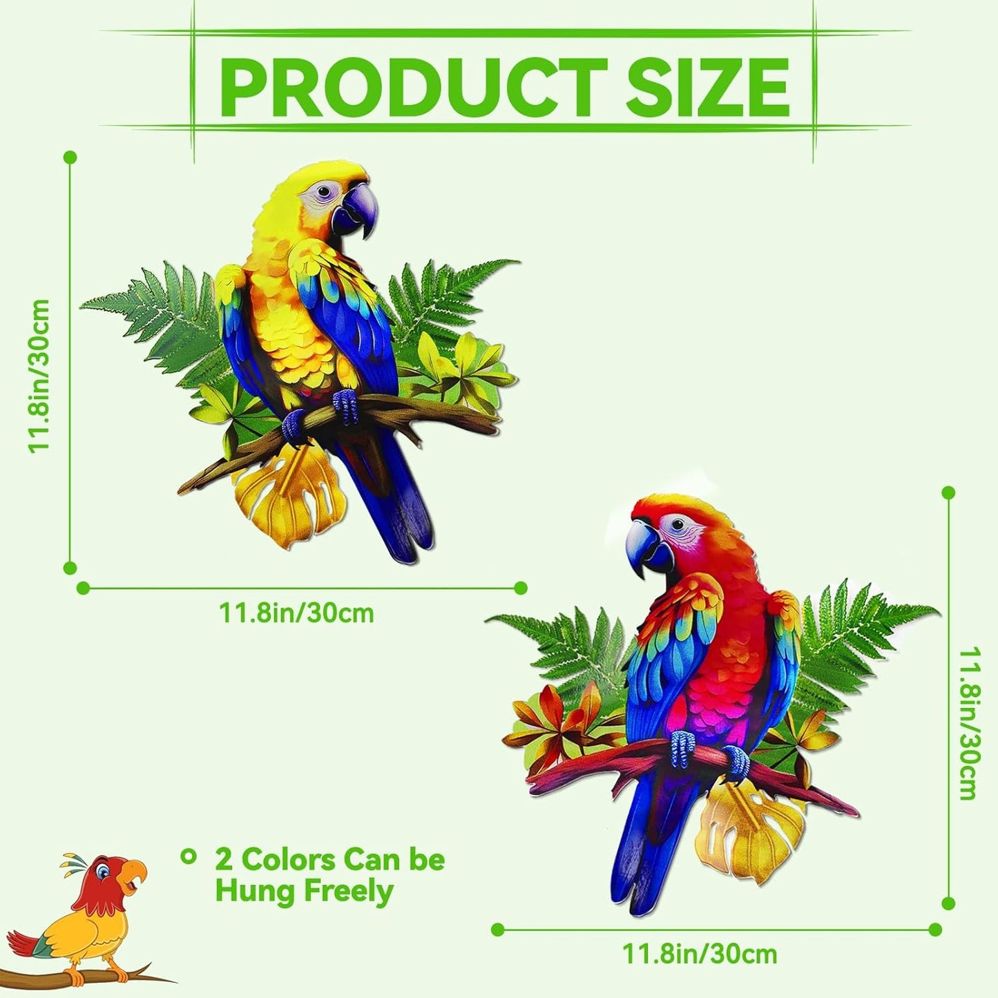 ULENDIS 2 Pack Metal Parrot Wall Decor, 11.8" Bright Color Tropical Bird Macaw Outdoor Wall Art Patio Fence Decorations, Hanging Bird Decor for Garden Yard Living Room Bedroom Balcony