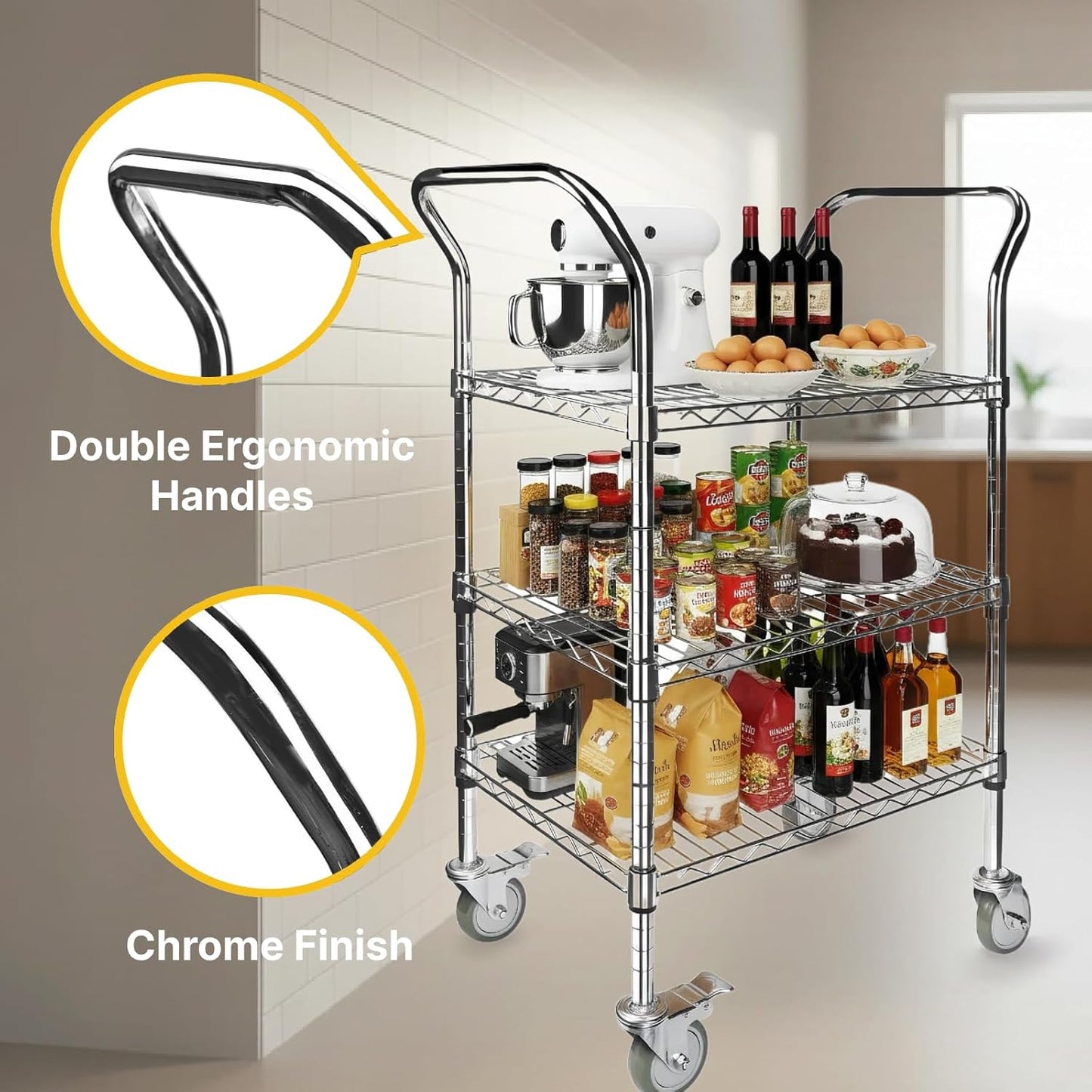 Northsky 3-Shelf Wire Utility Cart on Wheels, Chrome Finish Rolling Metal Shelving with Wheels, 550lb Capacity, 24" x 18" x 44.1", 3 Tier Rolling Cart for Kitchen Bar Storage Use
