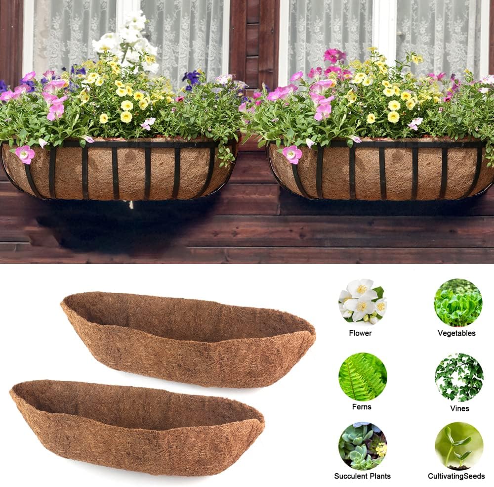 2 Pack Trough Coco Liner Fiber Replacement for Planters, 24/30/36/48 inch Half Moon Coconut Coir Planter for Window Box/Hanging Garden Vegetables Pot, Fence Flower Baskets