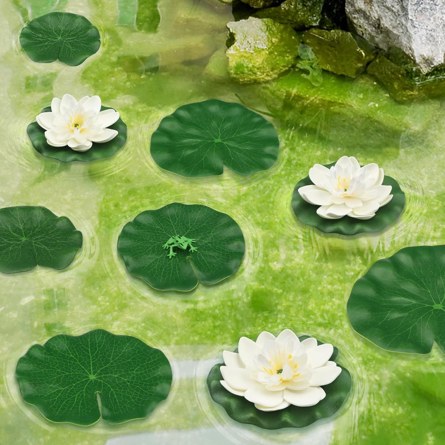 12pcs Floating Foam Lotus Flowers with Lily Pads, Artificial Pond Plants Ornaments for Pool Aquarium Water Decoration, White