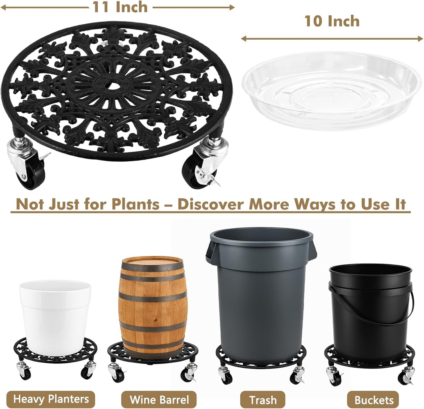 1 Pack Plant Caddy with Wheels 11 Inch Rolling Plant Stand for Large Plants Heavy Duty Plant Rollers Metal Plant Dolly Rustproof Planter Stand Wrought Iron Plant Stands Flower Cart Indoor Outdoor