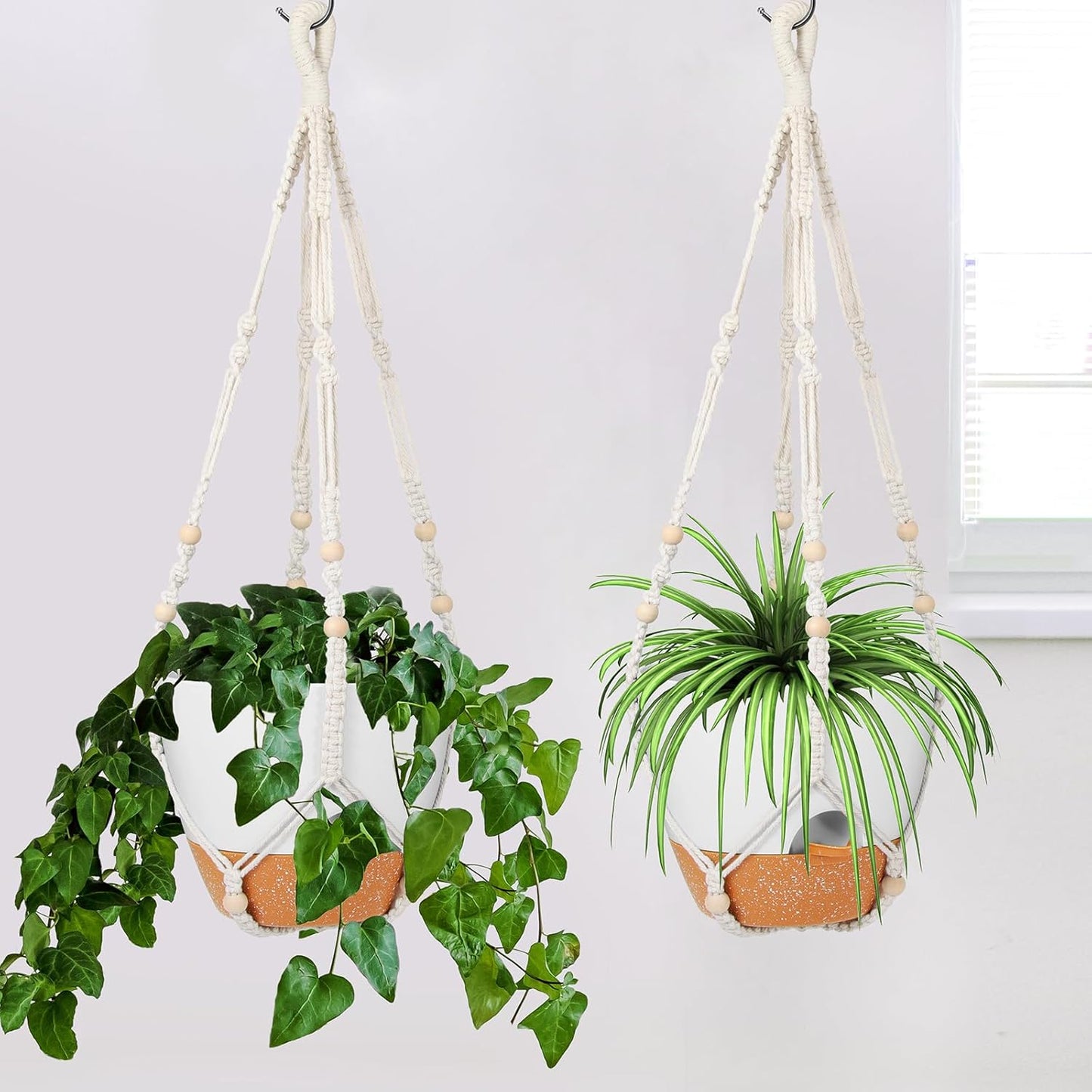 GARDIFE 10 Inch Hanging Planters with Macrame Plant Hanger for Indoor and Outdoor Plants, 2 Pack Large Self Watering Hanging Plant Pot with Basket Flower Pot with Drainage Hole, White