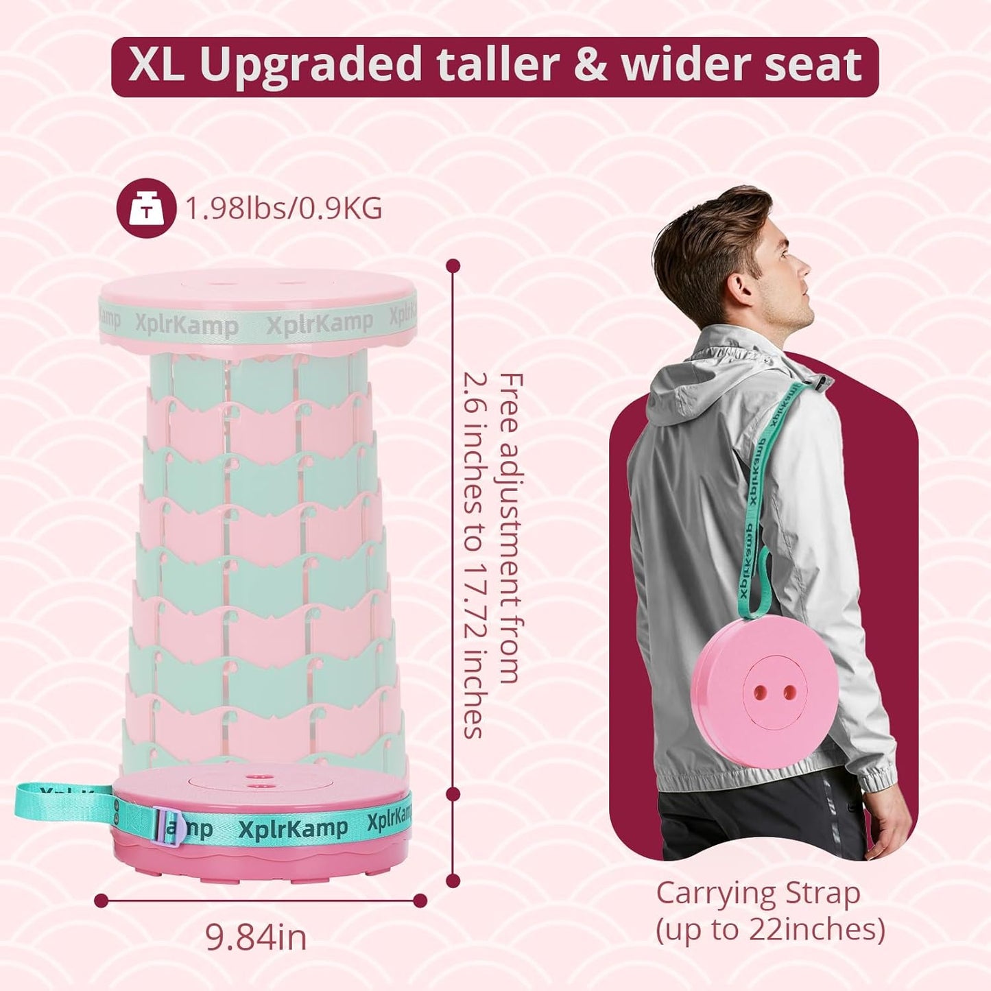 Retractable Folding Stool - Heavy Duty 400 lb Collapsible Portable Stool for Camping, Hiking, Fishing, Indoor/Outdoor with Non-Slip Base and Lightweight Design (Pink Green, 2-Pack)