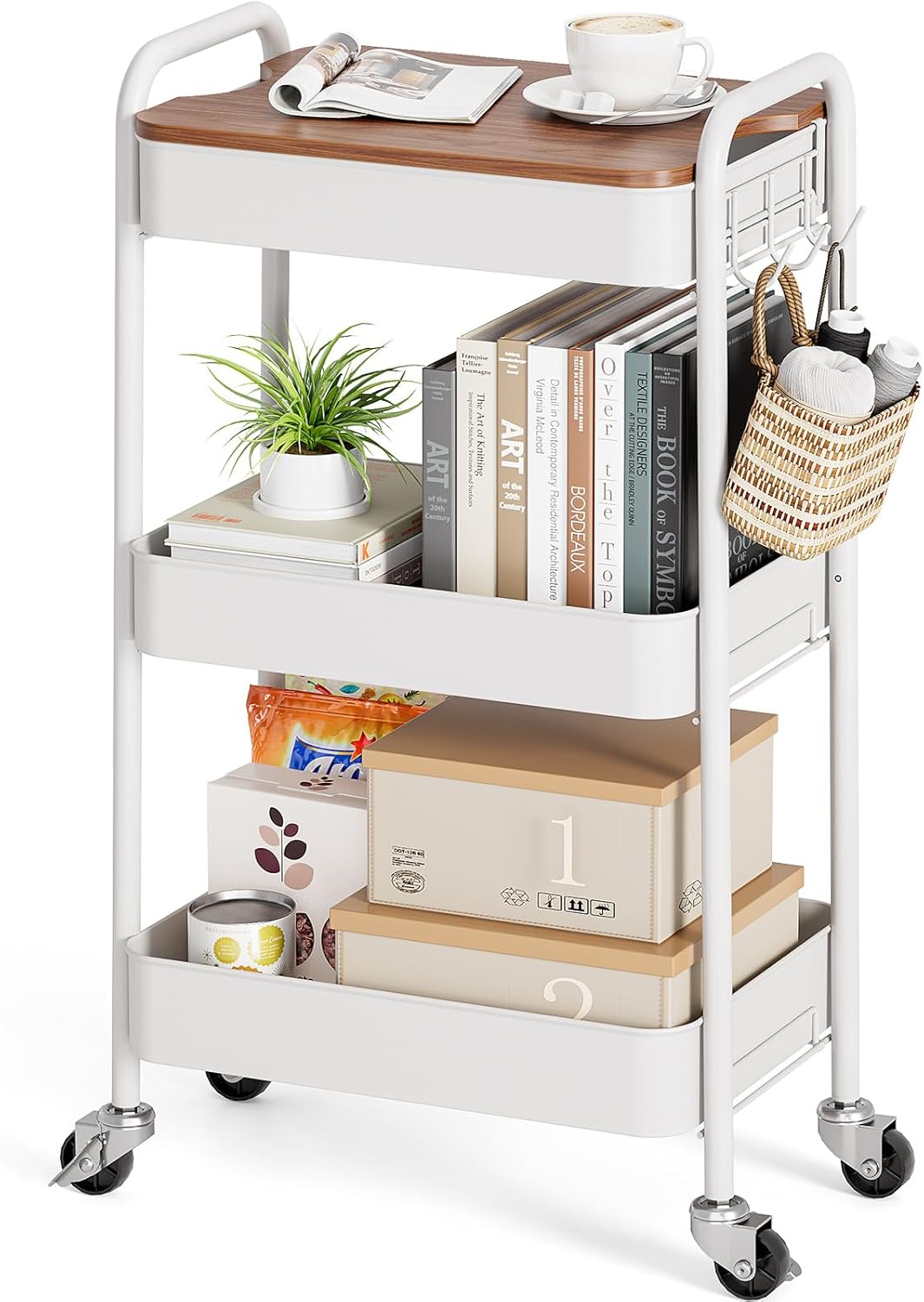 TOOLF 3-Tier Rolling Cart with Table Top, Metal Storage Cart on Wheels, Utility Organizer with Wooden Tray, Lockable Casters, Easy Assembly for Bathroom, Living Room, Office, Kitchen, White