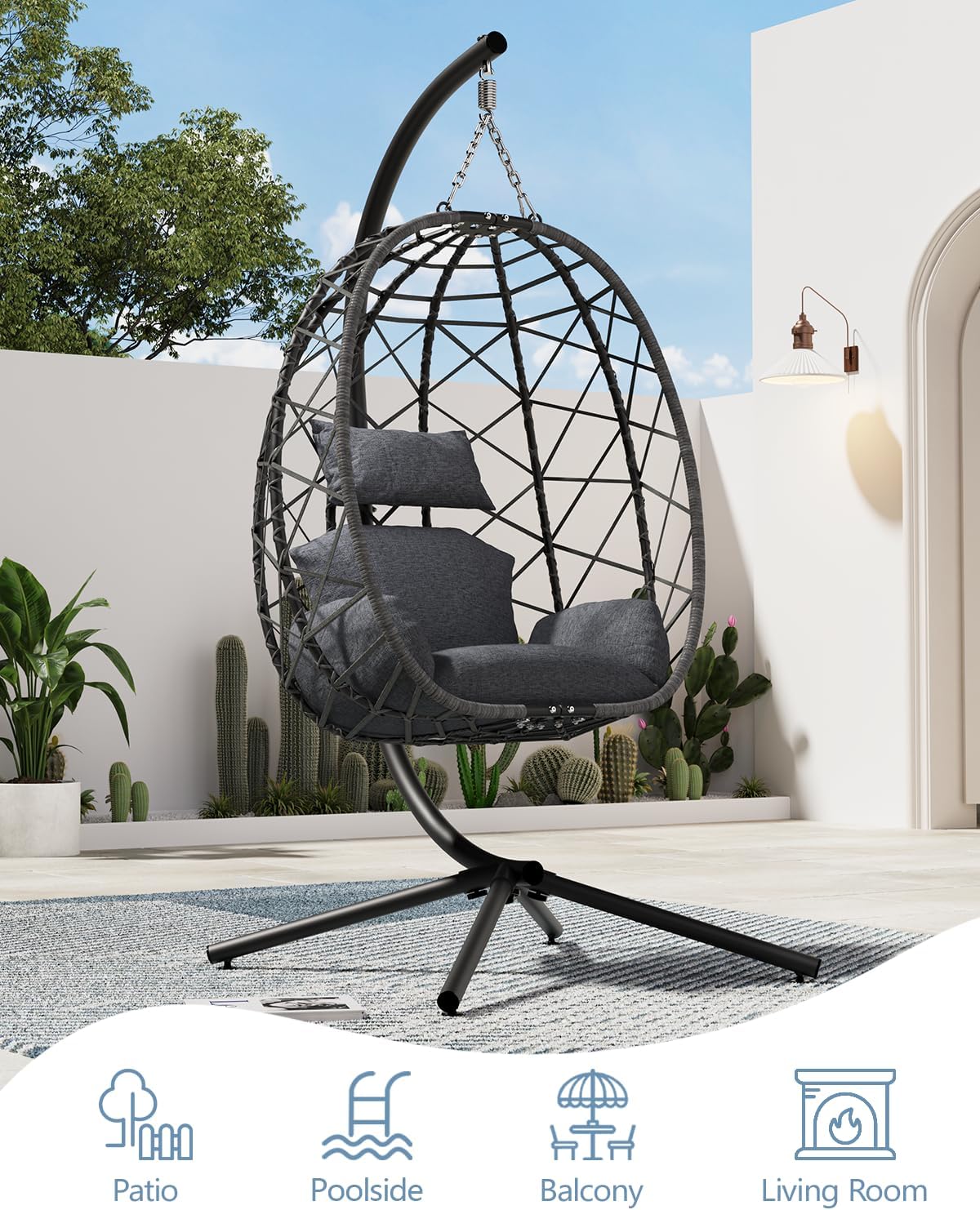 SWITTE Egg Swing Chair with Stand, Outdoor Patio Hanging Egg Chair, Indoor Hammock Chair with Cushion for Garden Backyard, 400LBS Capacity-Dark Grey