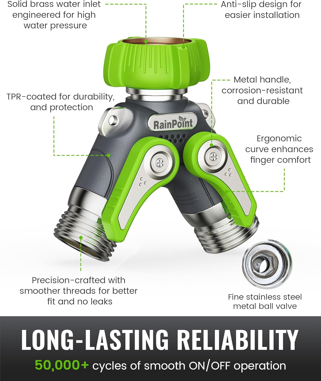 RAINPOINT Garden Hose Splitter, 2 Way Heavy Duty Water Hose Y Spigot Splitter with Shutoff Valves, 100% Metal Body Outdoor Faucet Splitter, 1.9" Extra Long Metal Handle, 3/4" GHT Thread (2, Green)