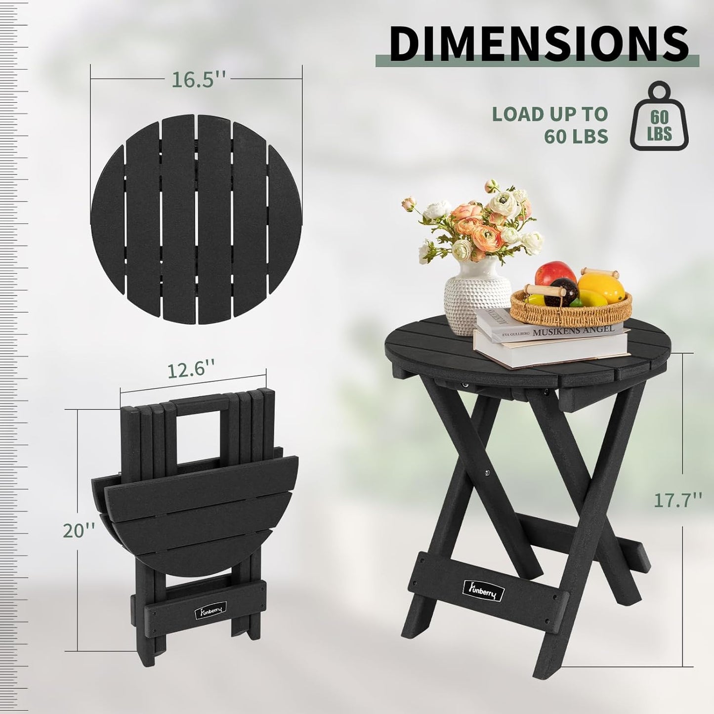 FUNBERRY Outdoor Folding Adirondack Side Table, No Assembly Portable Patio End Tables HDPE All Weather