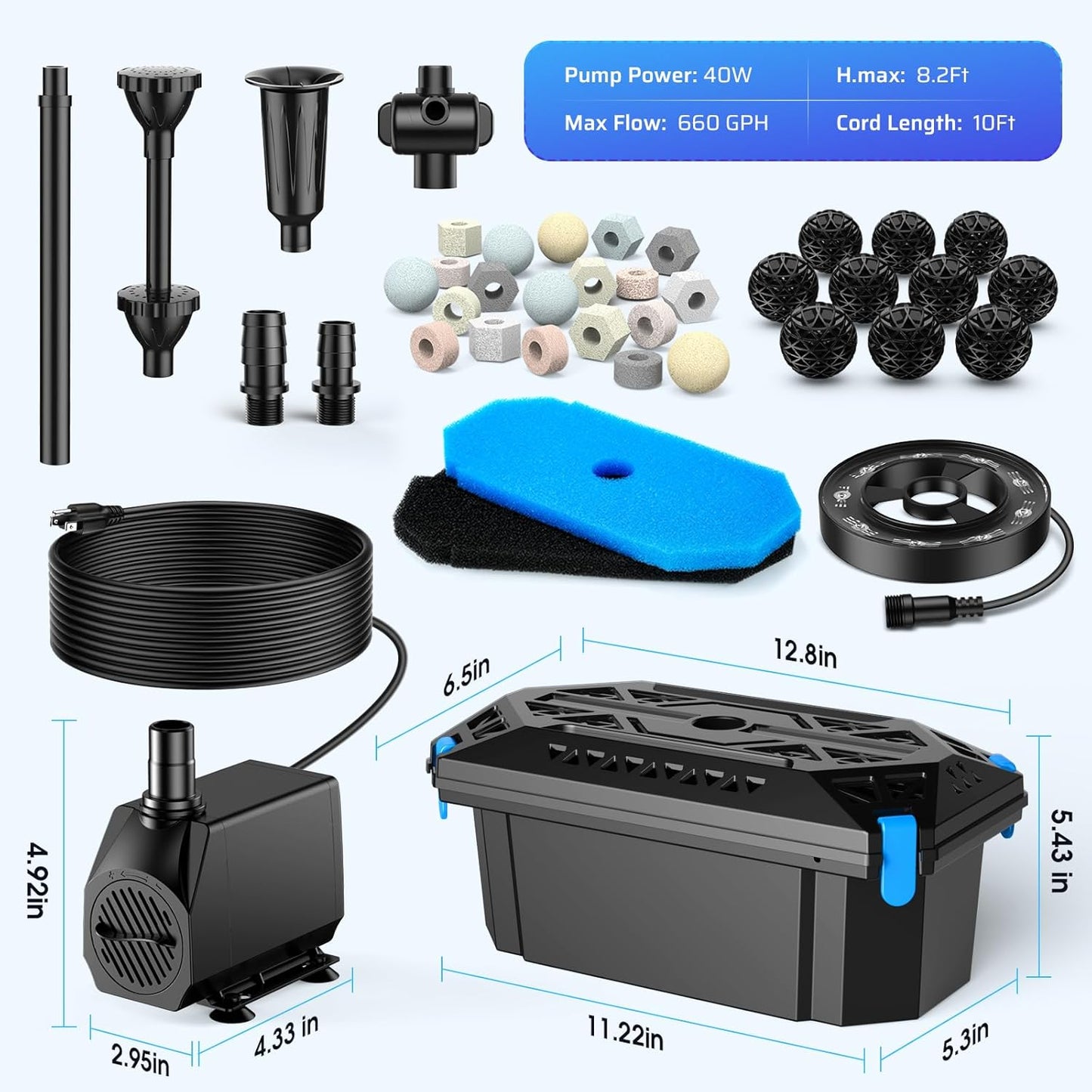 Antfraer Pond Filter with RGB Auto-Cycle LED Lights, Pond Filters for Outdoor Ponds Built In 660GPH Pond Pump, Pond Filter Box Suitable for Garden, Fountain, Pond, Waterfall, Aquarium-Corded Electric