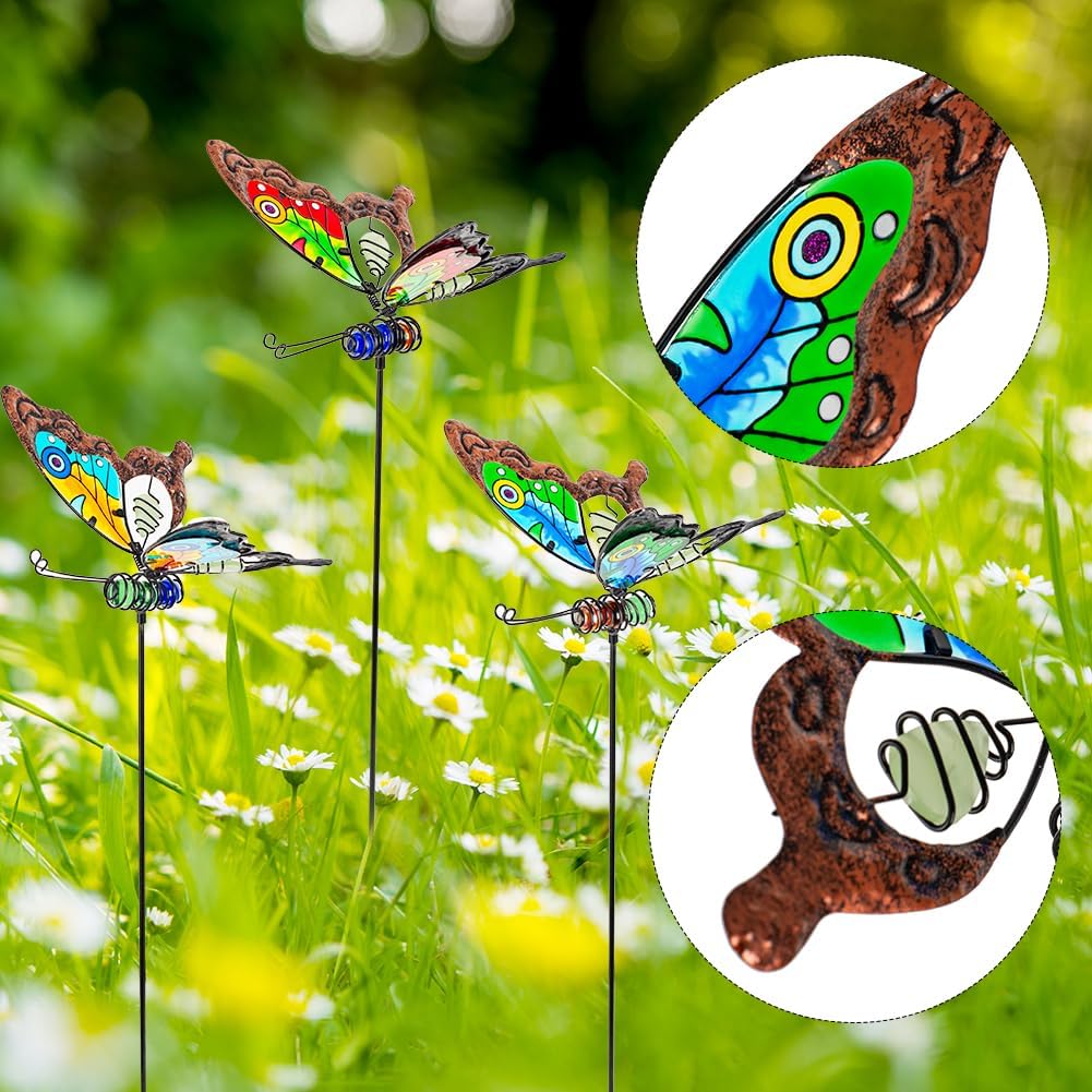 Butterfly Garden Decor for Outside,3 Pack Garden Stakes Decorative Stained Glass Butterfly Decoration Porch Yard Art Outdoor and Garden