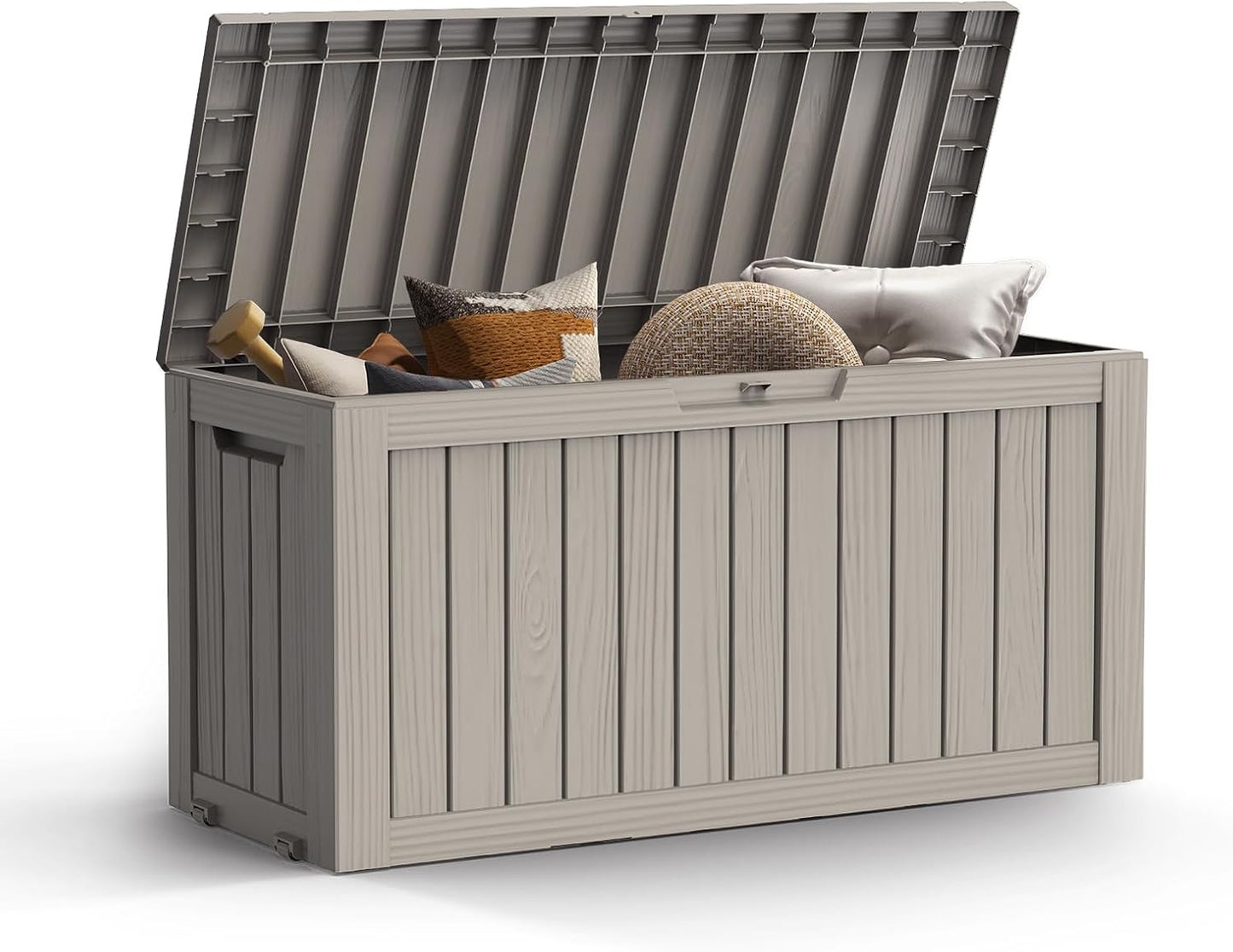 Mars Villa 72 Gallon Deck Box, Outdoor Storage Box Waterproof, Outside Resin Storage Bin for Patio Furniture Cushions, Pool Supplies, Garden Tools, UV-Resistant and Weatherproof, with 4 Wheels, Greige