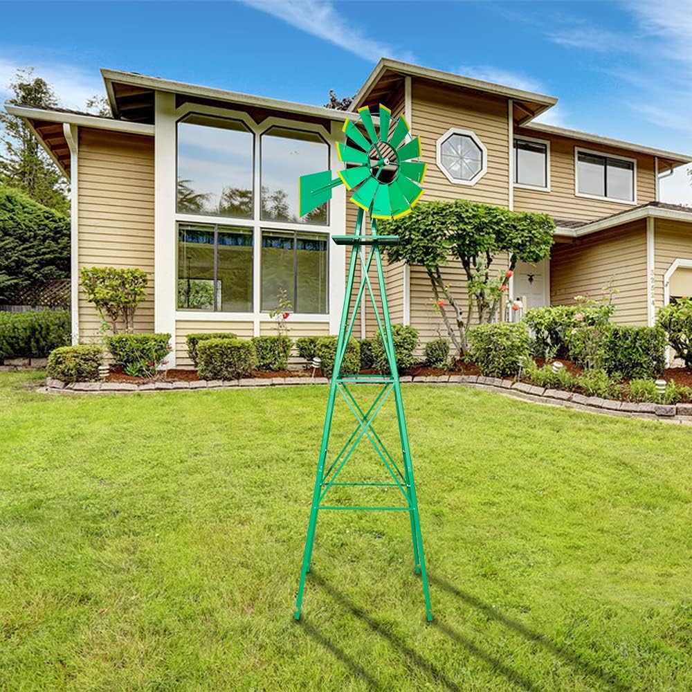 VINGLI 8FT Ornamental Windmill Backyard Garden Decoration Weather Vane, Heavy Duty Metal Wind Mill w/ 4 Legs Design (Green, 8, Feet, 21.6, Inches, 8.00, Feet, 25.98, Inches, 25.98, Inches)