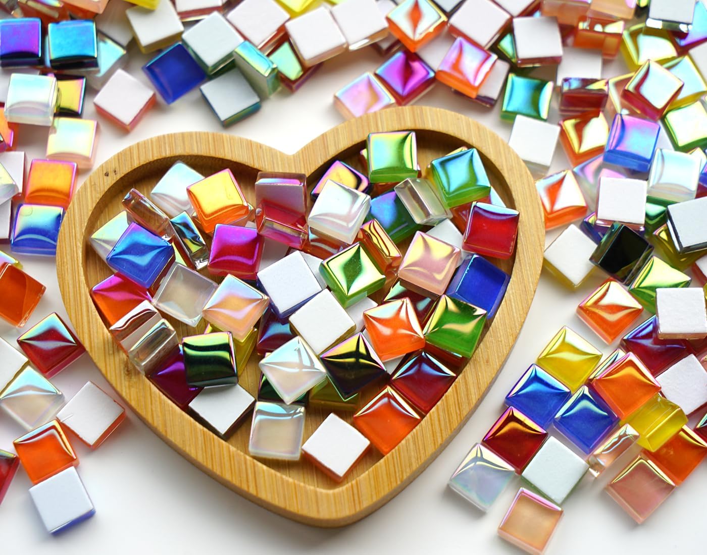 1100pcs Mixed Colors Iridescent Mosaic Tiles, 2.2lbs Crystal Glass Tiles, 3/8" Square Mosaic Tiles with Smooth Edges, 1KG Small Stained Glass Pieces Great for DIY Mosaic Crafts, Home Decor