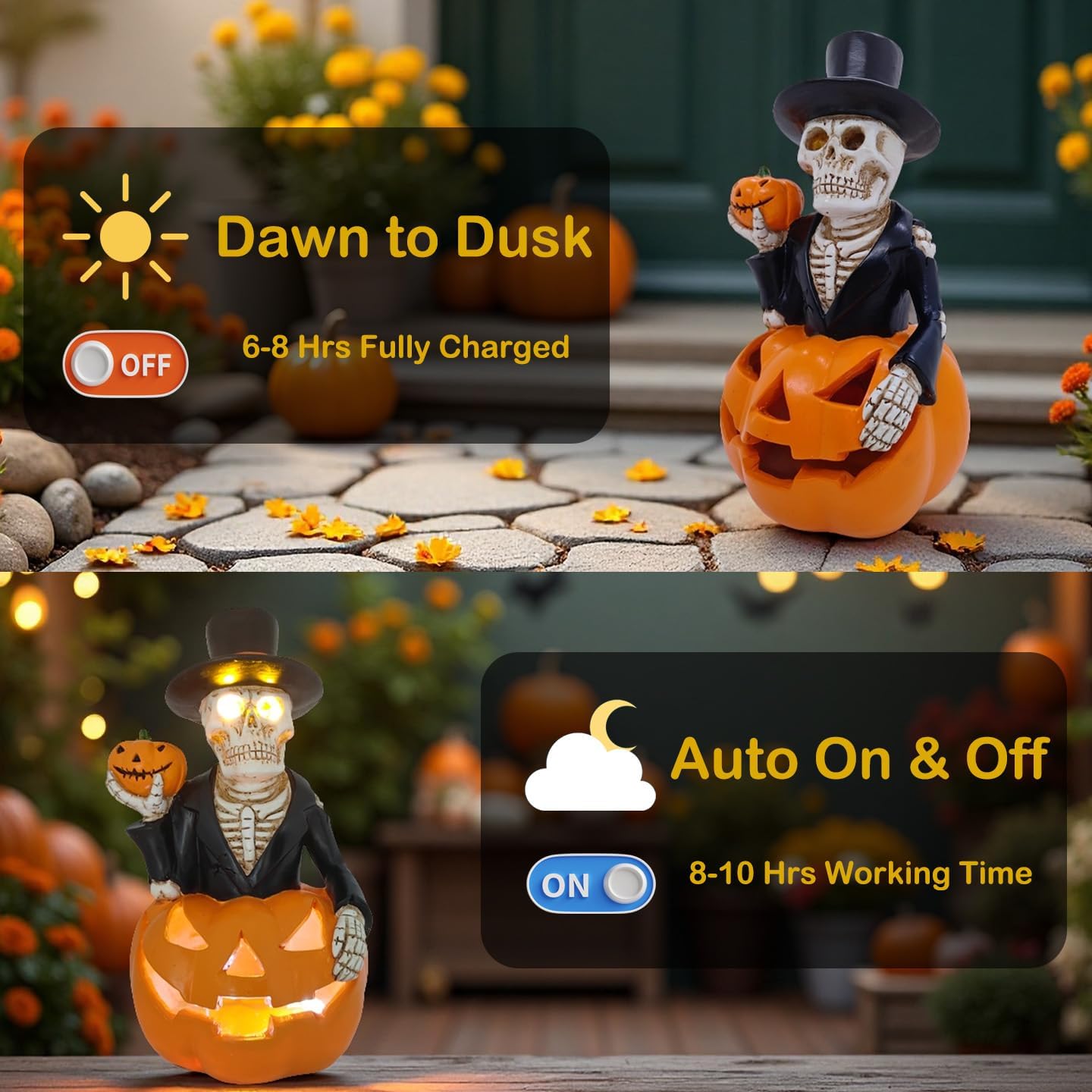 Halloween Solar Skeleton Pumpkin Lights Decor, Led Jack-O-Lantern Pumpkin Skulls Statue Figurine Light for Outside Garden Yard Porch Halloween Party & Home Indoor Outdoor Decorations
