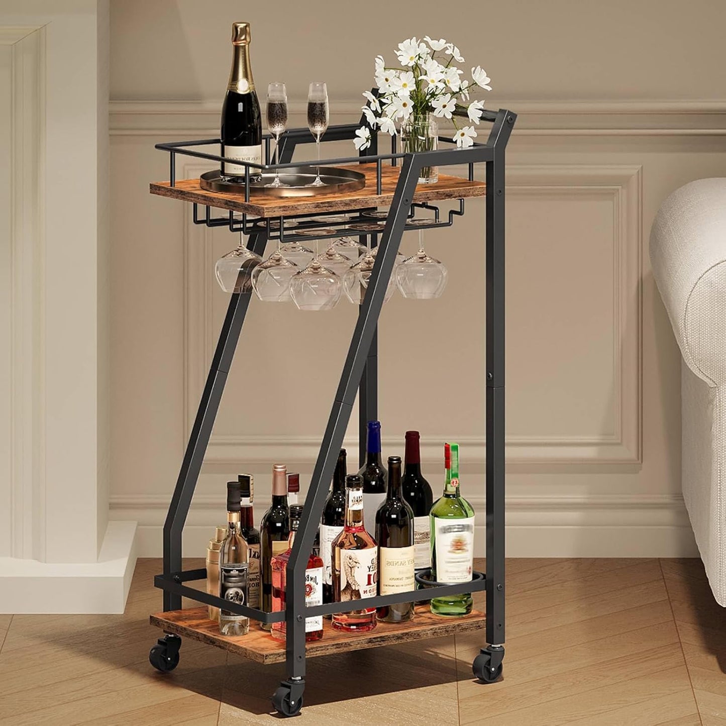 HOOBRO Bar Cart, Home Bar Serving Cart, Kitchen Cart, Rolling Beverage Cart & Wine Rack and Glass Holder 2 Storage Shelves, Cocktail Cart for Home Dining Party, Rustic Brown and Black BF27TC01