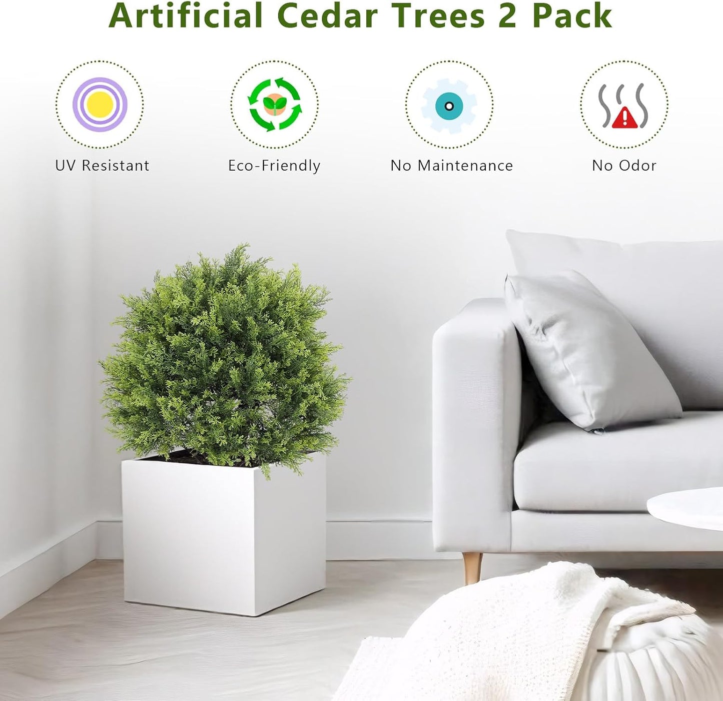 THE BLOOM TIMES 2ft Artificial Topiary Ball Trees Outdoor Set of 2, 24" Tall Faux Cedar Plants Outside UV Resistant Greenery Fake Evergreen Potted Bushes and Shrubs for Front Porch Patio Planter Decor