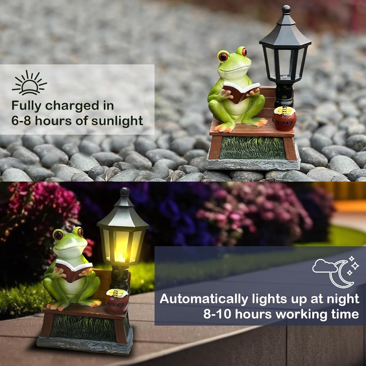 Frog Garden Statue Home Outdoor Decor - Solar Frogs Learning Sculptures Auto LED Waterproof Lights, Garden Outside Figurine Ornament, Women/Gardening/Housewarming Gift for Yard/Pond