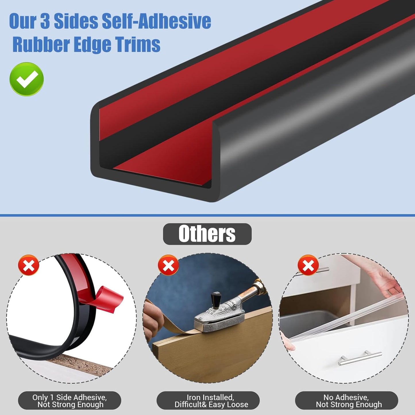 Rubber Edge Trim, Self-Adhesive U Channel Edge Protector for Plywood, Cabinet, 1-1/4" Wood Edge Banding, Flexible Furniture Repair, EPDM Material, Fit 1-1/4"(32mm), Length 20Ft, Black