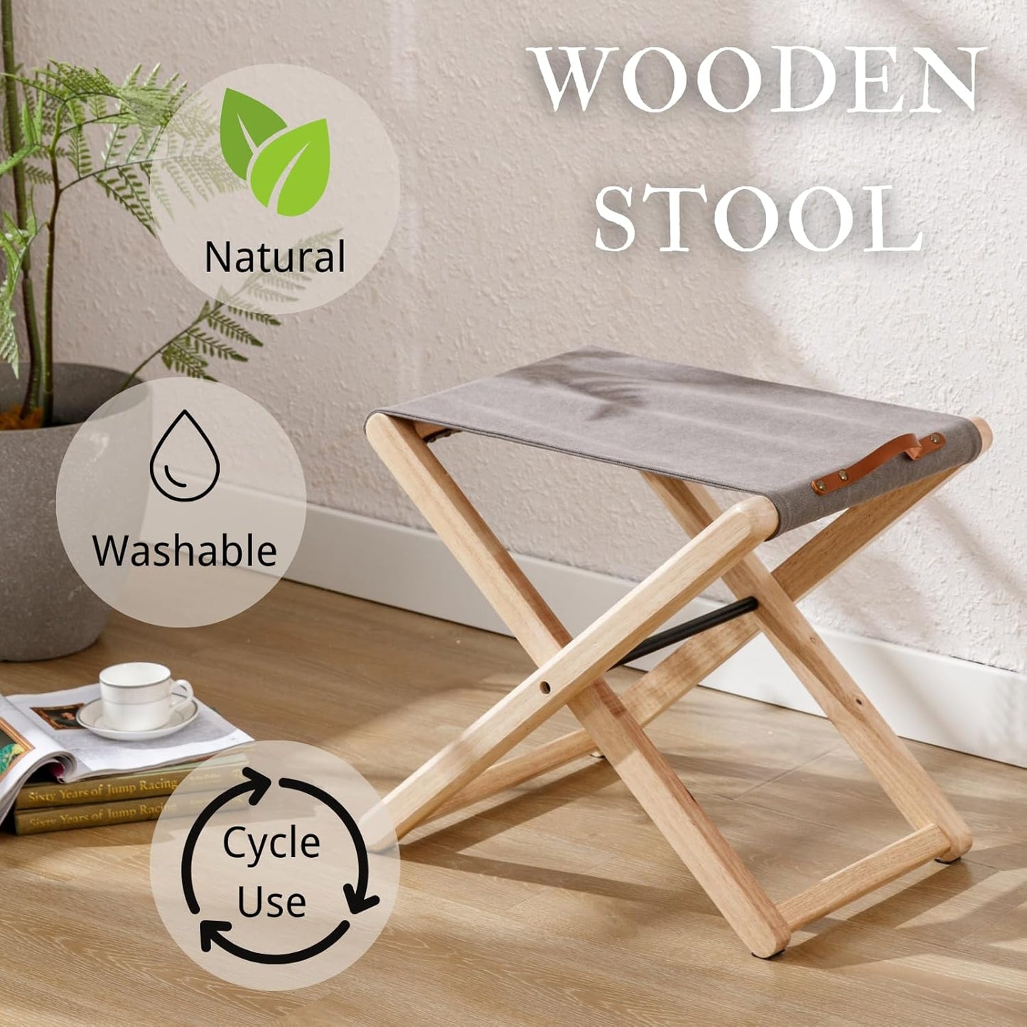 Folding Canvas Camp Stools Set of 4, Wood Folding Camping Stool Patio Portable Foot Stool for Garden Outdoor Fishing Picnic Travel BBQ, Grey