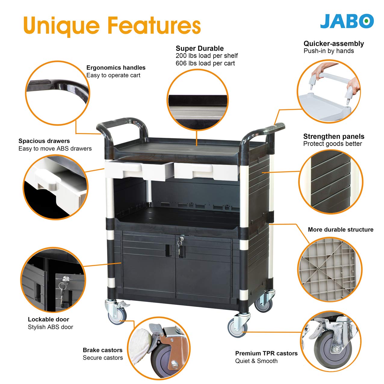 [ JaboEquip] 3 Shelf Durable Utility Cart Lockable Medical Cart Cabinet Hospital Cart Lab Cart, 606 lbs Load for Lab Hospital, JB-3KD1M, Black