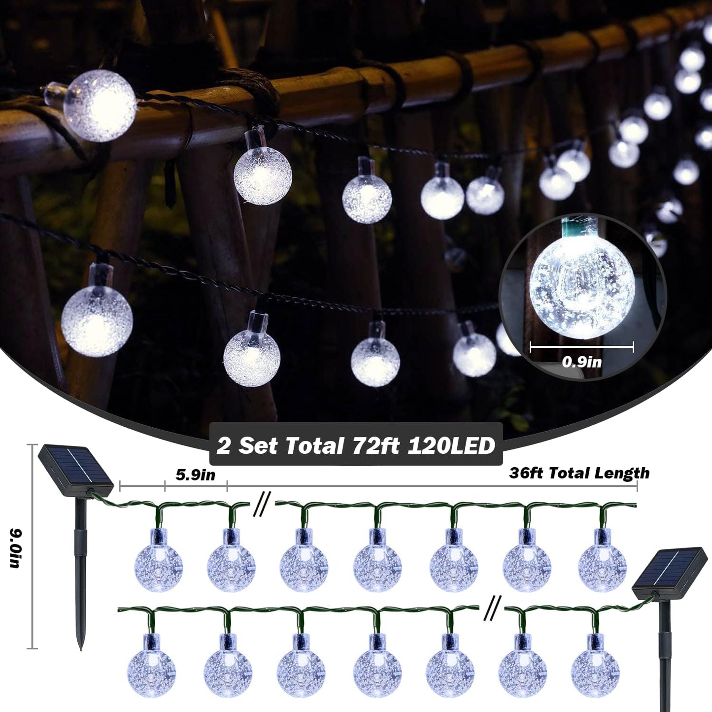 Solar Lights Outdoor Waterproof, 2 Pack Total 120LED 72FT Solar String Lights for Outside with 8 Modes, Outdoor String Lights Crystal Globe Patio Lights for Garden Yard Party Decor (Cool White)