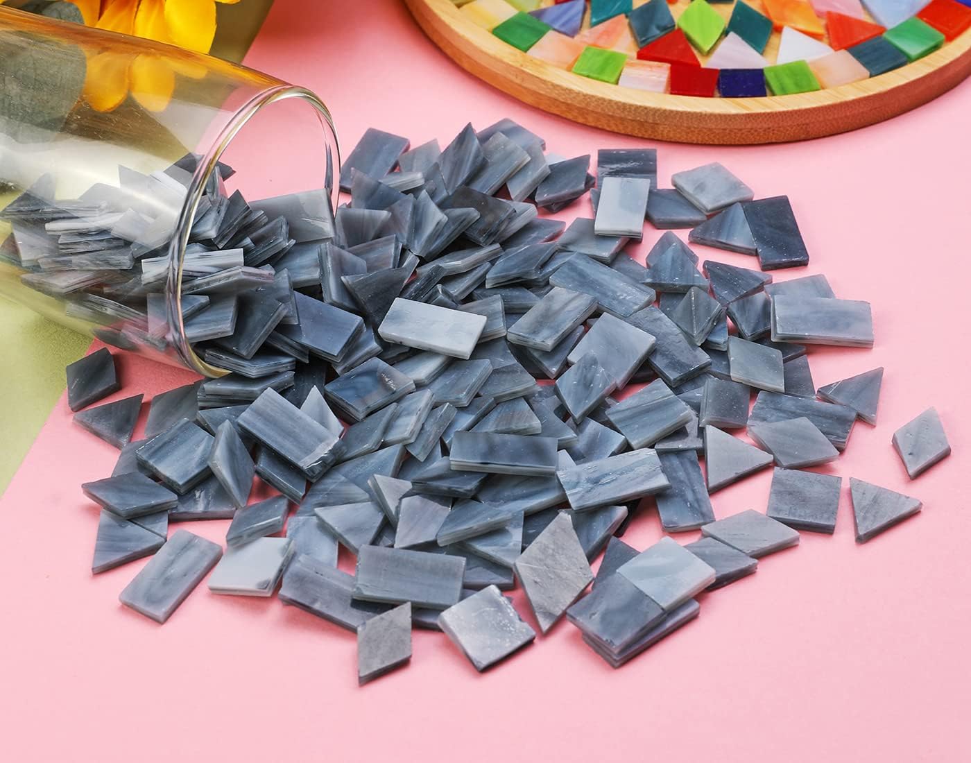 Lanyani Stained Glass Tiles for Mosaic, 200 Pieces Bulk Glass Mosaic Tile for Craft,Charcoal Grey