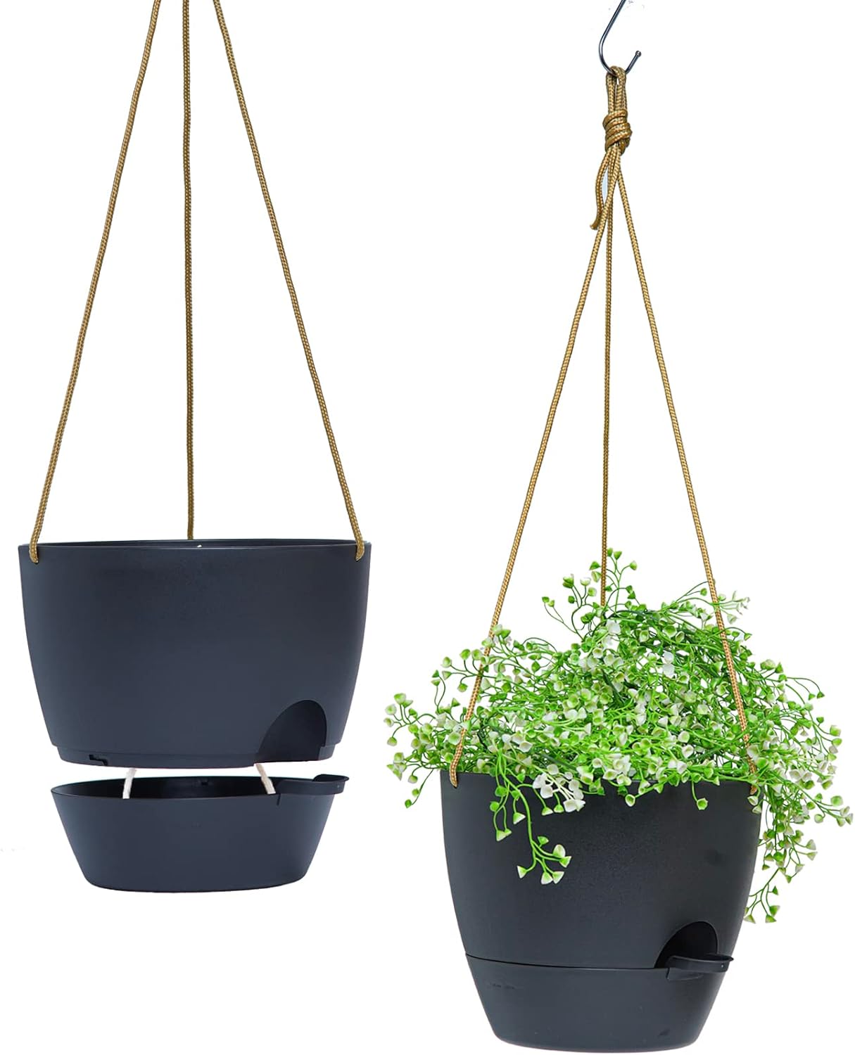 10 Inch Self Watering Hanging Pots, 2 Pack Hanging Planters with 40oZ Deep Reservior for Indoor Outdoor Plants Flowers, Black