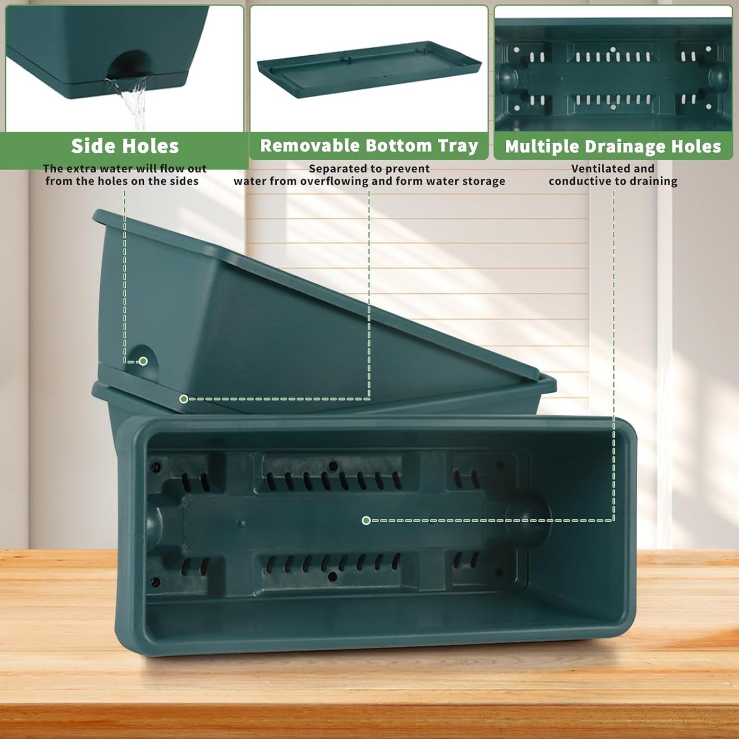 HAITRAL Railing Planter Boxes (16.9 Inch, 4 Pack) Green Plastic Deck Rail Planter for Outdoor Plants, Hanging Window Boxes Planter with Drainage Tray for Over Rail Porch Fence,Balcony & Home Decor