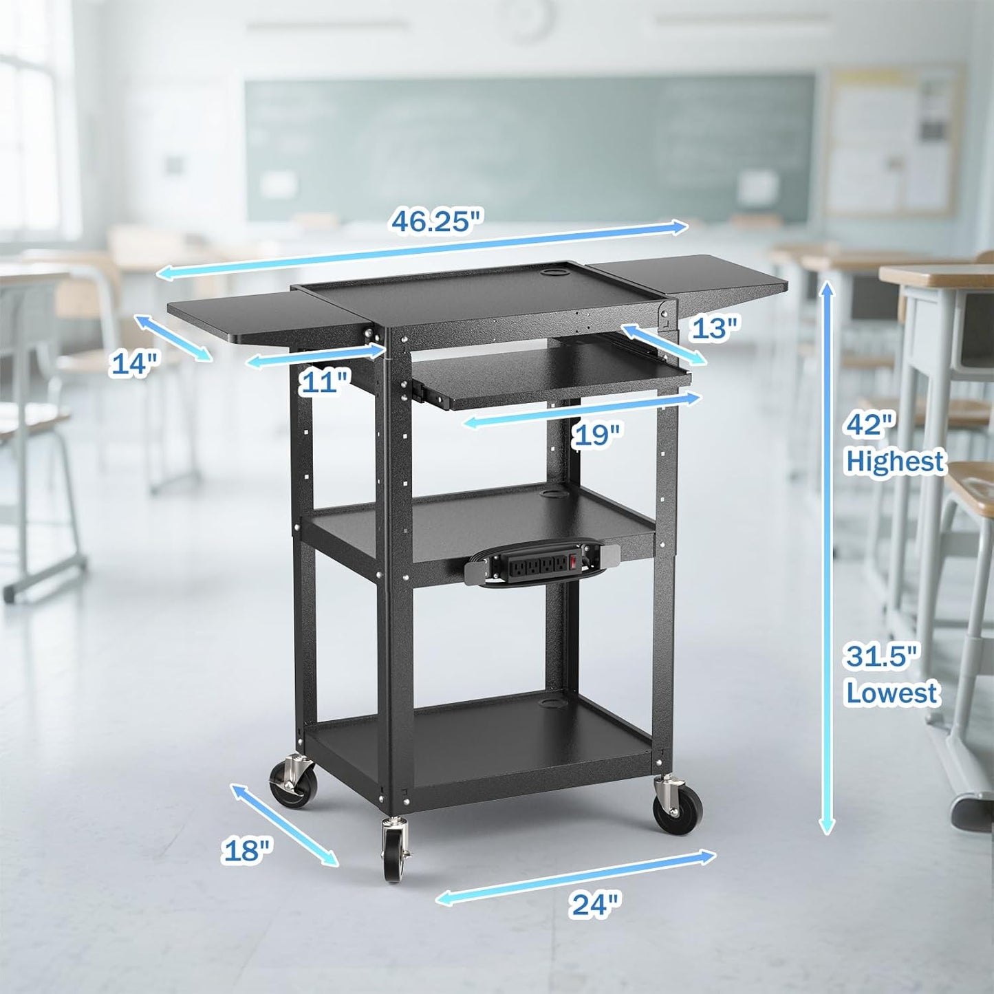 Large Steel AV Cart with Power Strip & Drop Leaves - Height Adjustable Metal Madia Cart with Wheels - Heavy Duty Rolling Computer Workstation for Laptop Projector Printer TV, Black (46" x 18")