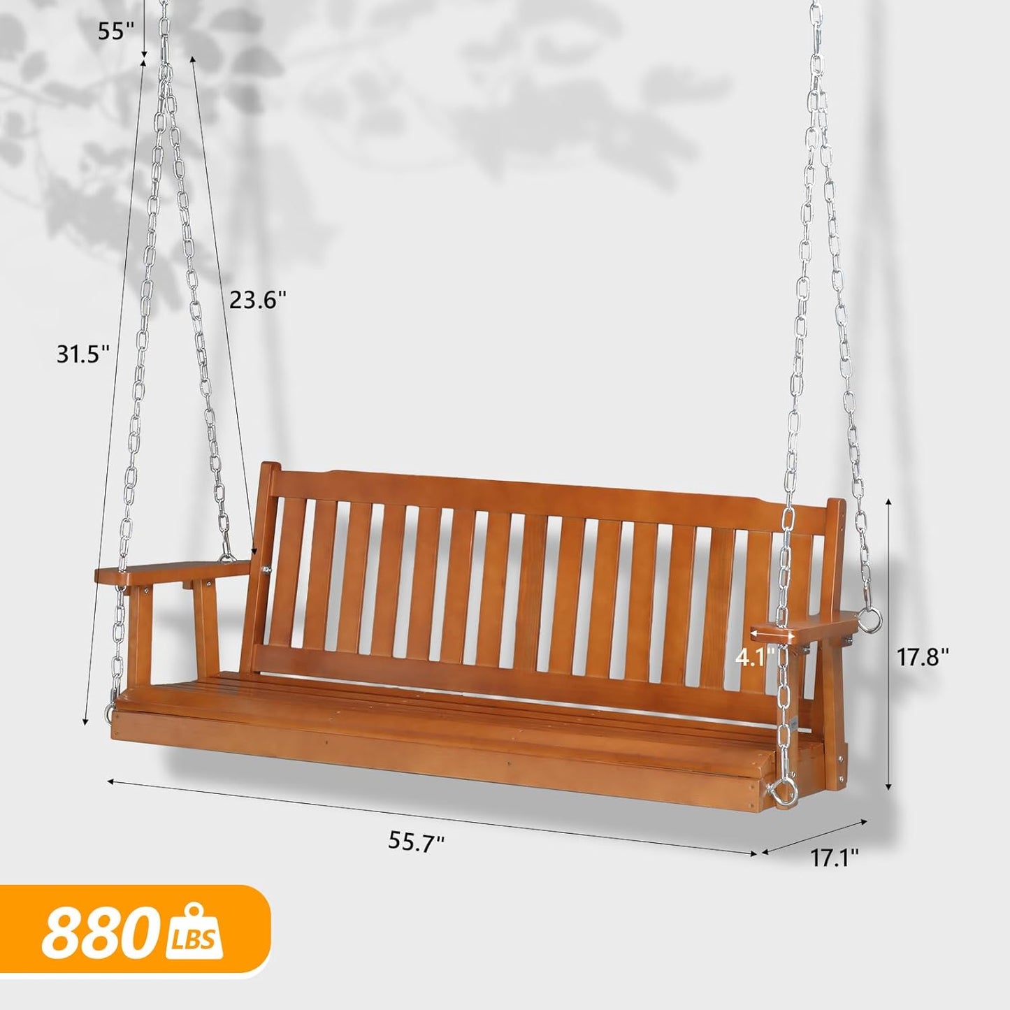 VINGLI Heavy Duty 880 LBS 5 FT Patio Wooden Porch Swing Outdoor with Upgraded Adjustable Chains, Outdoor Hanging Swing Bench for Garden, Yard, Balcony (5 FT, Brown)