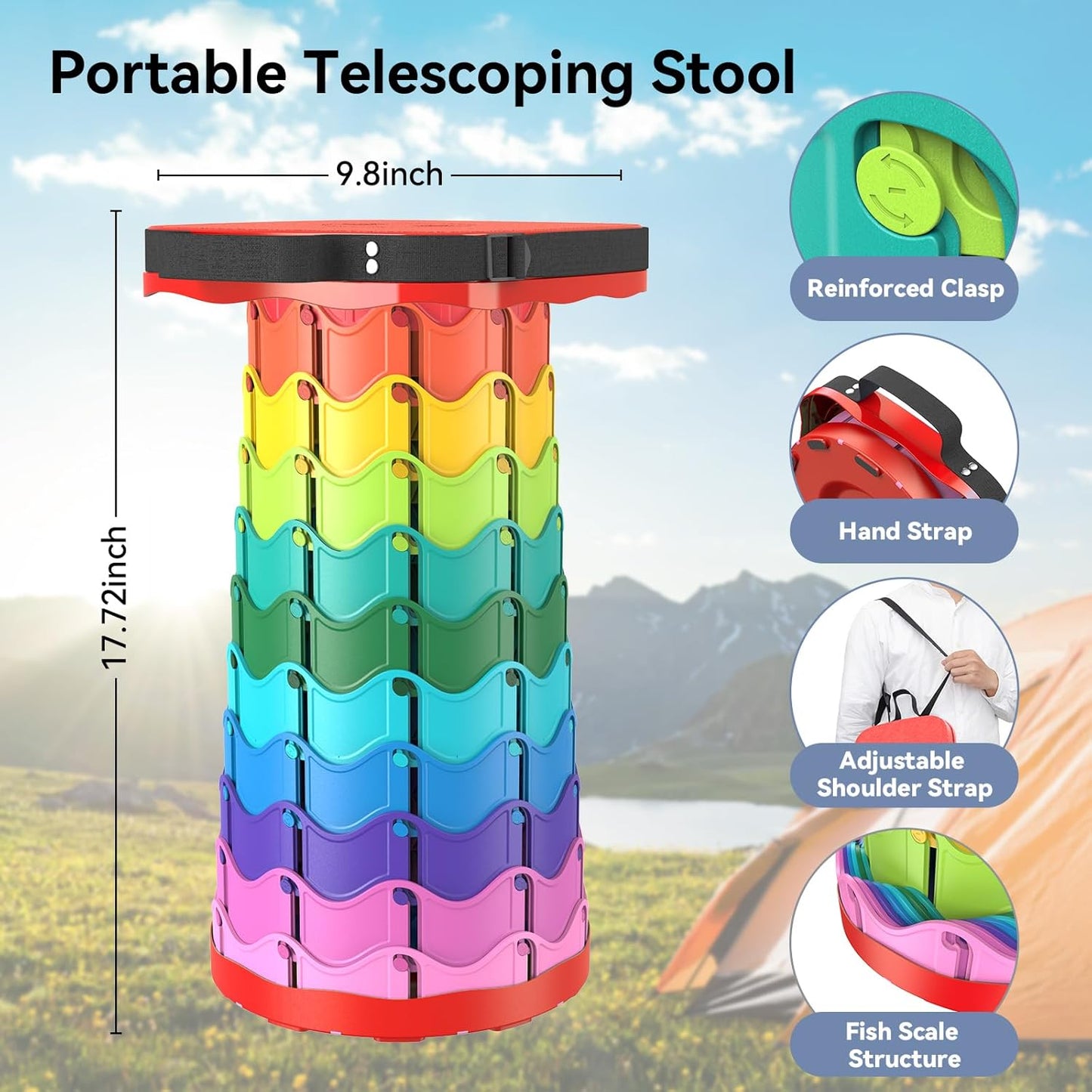 Upgraded Collapsible Stool, Portable Folding Stool, Telescoping Camping Chair with Max Load Capacity 485lbs, Square Retractable Stool for Camping Gardening Fishing Hiking BBQ [Rainbow+Red]