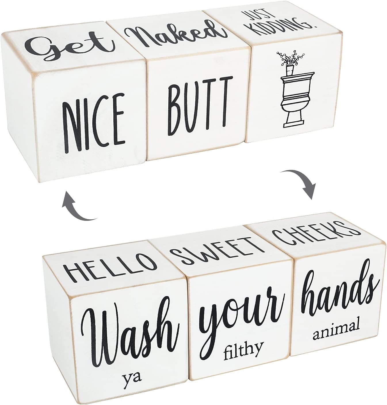 Funny Farmhouse Bathroom Decor and Accessories for Shelf, 4-Sided Wooden Blocks - Nice Butt&Get Naked&Hello Sweet Cheeks&Wash Your Hands Sign, Modern Rustic Restroom Decorations, White 2.8"