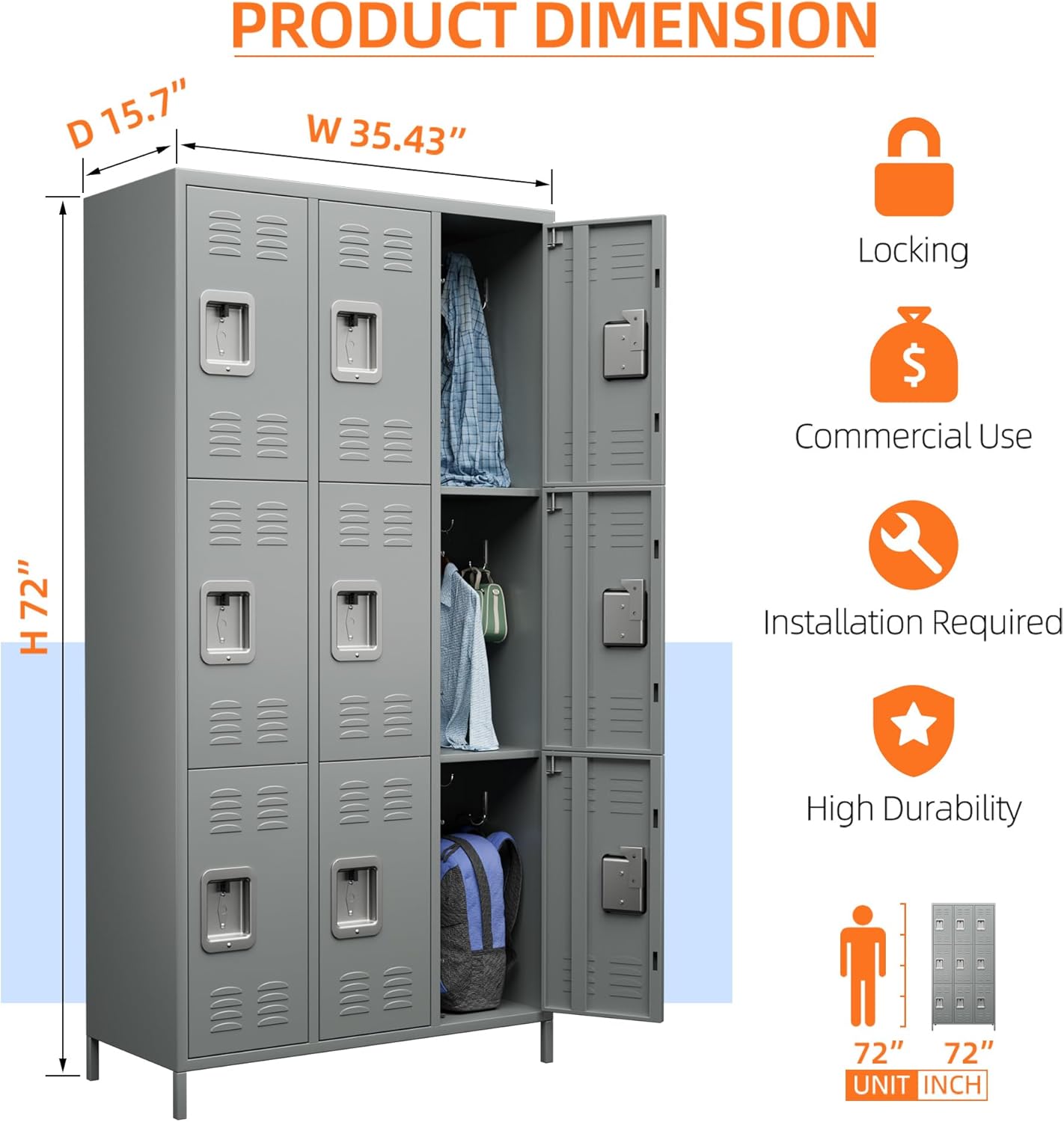 9 Doors Metal Lockers for Employees with 27 Hooks for Offices School Gyms Home,Assembly Required, Light Gray