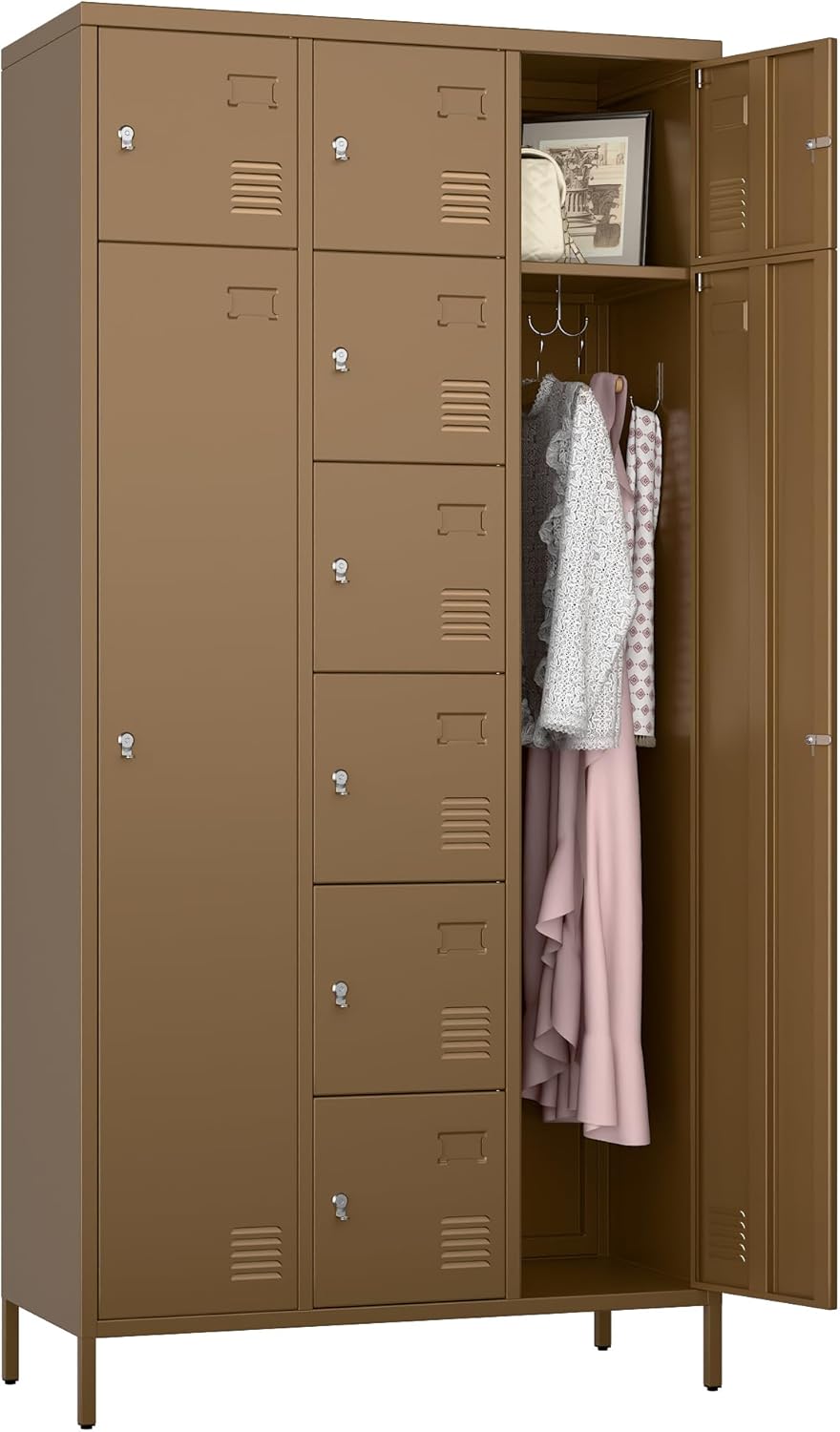 72" H Metal Storage Lockers with Doors,Industrial Combination Employee Lockers with Hooks for Office,Home Gym,School,Assembly Required,8+2Doors,Coffee