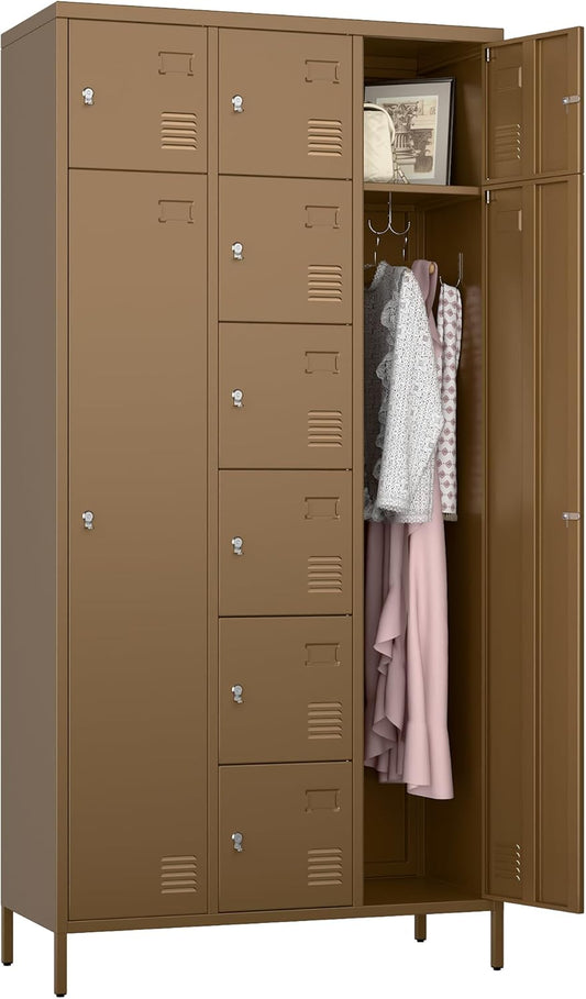 72" H Metal Storage Lockers with Doors,Industrial Combination Employee Lockers with Hooks for Office,Home Gym,School,Assembly Required,8+2Doors,Coffee