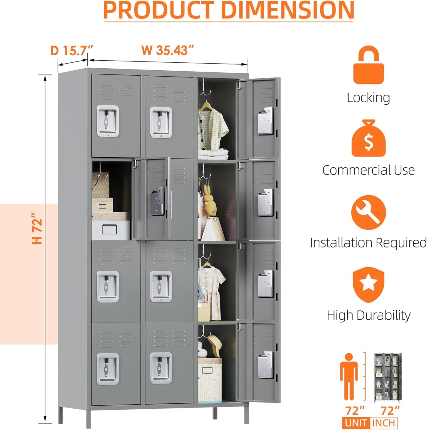 Aobabo 12 Doors Metal Storage Locker for Employees, Storage Locker with 12 Hooks for School Office Gym Bedroom, Grey, Assembly Required