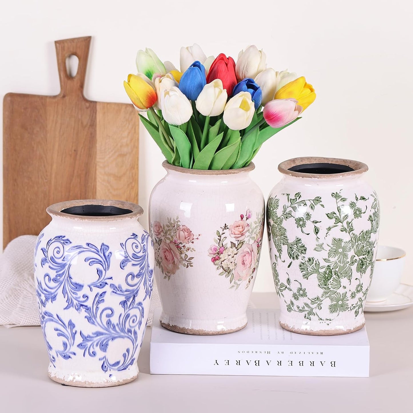 Vintage Vase for Flowers,Green Chinoiserie Ceramic Vase,Rustic Farmhouse Cracked Vases,for Flower Arrangement,Living Room, Office, Shelf, Fireplace Tables,Centerpieces,Chinoiserie Pottery Decor(B)