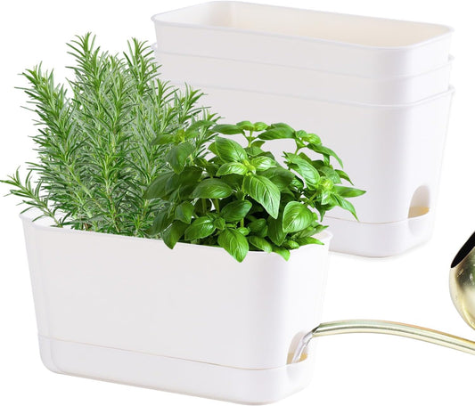 Herb Garden Planter Indoor Kit Self Watering Pots for Indoor/Outdoor Plants 4 Packs Windowsill Plant Pots with Drainage and Tray, Window Pot for Indoor Plants
